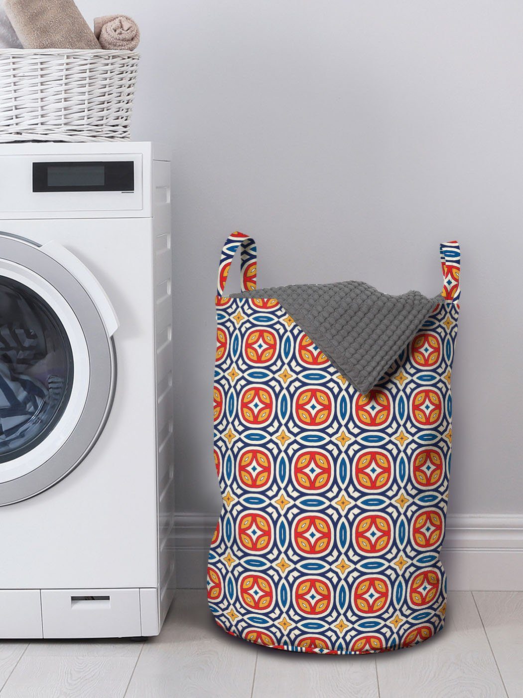 für Waschsalons, Kordelzugverschluss Wäschesäckchen Wäschekorb Kurven Griffen Abakuhaus mit Kreise geometrische
