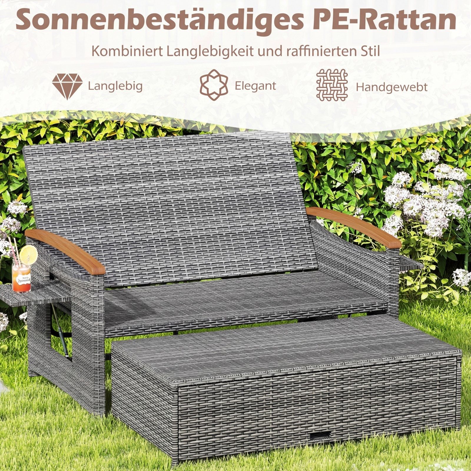 COSTWAY Loungebett outdoor, Rattan, 2-Personen, Gartenliege mit verstellbarer Rückenlehne