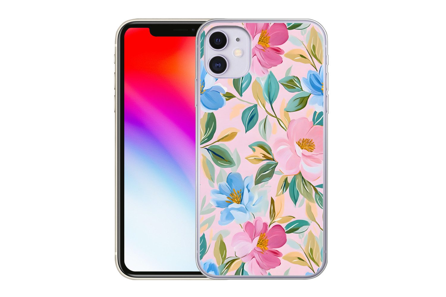 MuchoWow Handyhülle für Apple iPhone 11 Blau - Rosa - Blumen, Smartphone-Bumper, Print, Handy Schutzhülle Dünn
