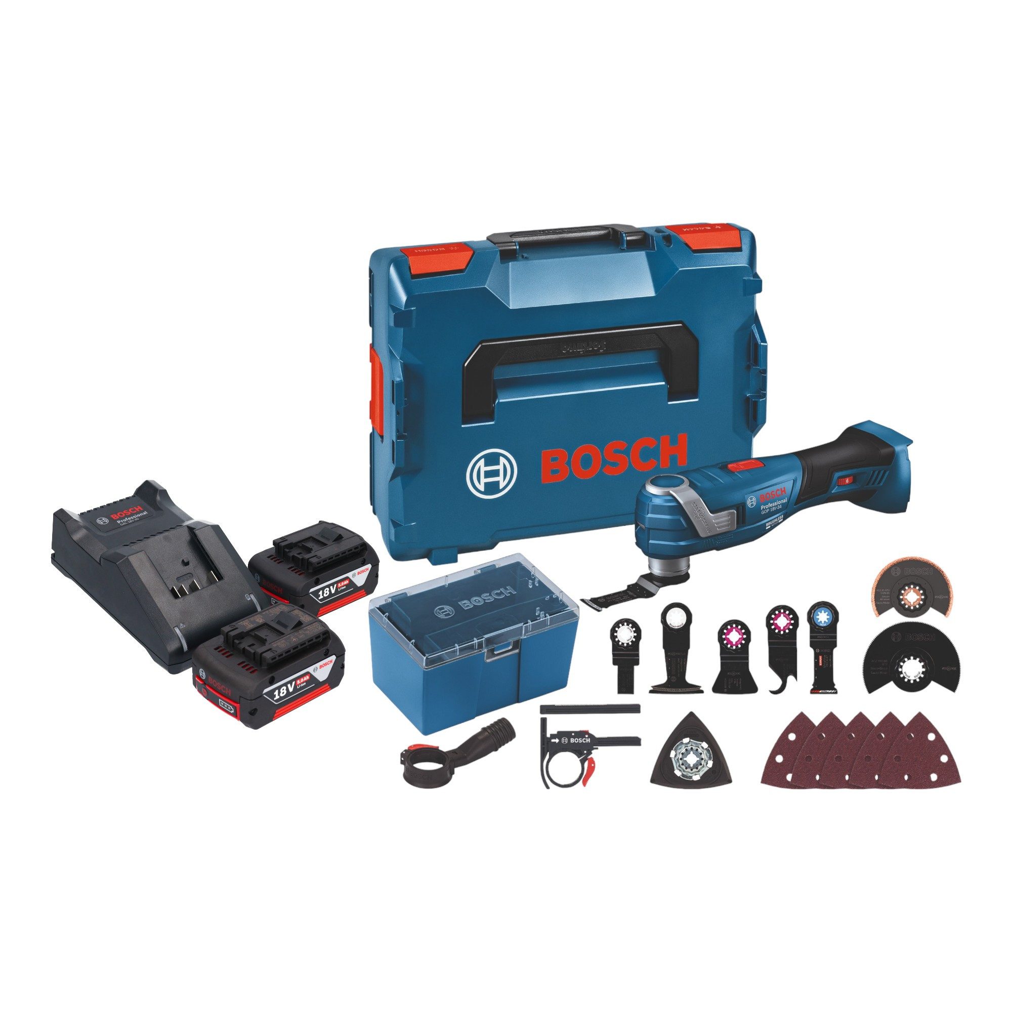 Bosch Professional Akku-Multifunktionswerkzeug GOP 18 V 34 Akku Multi Резаки + Zubehör + 2x Akku 5,0 Ah + Lader
