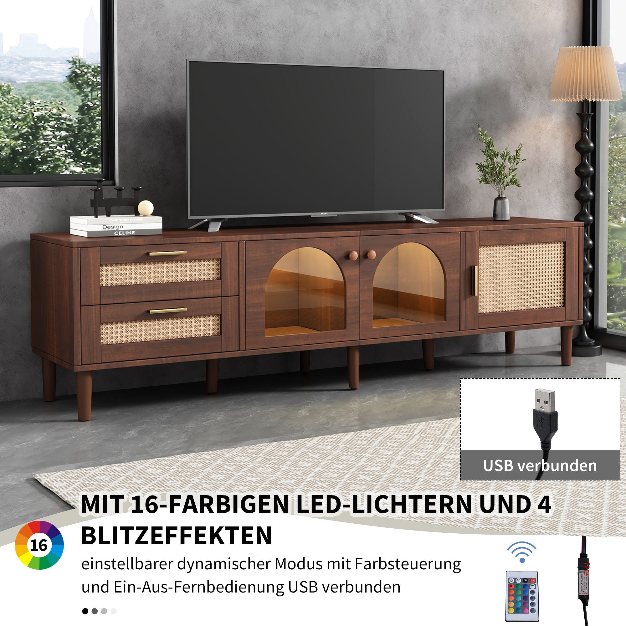 Yorbay TV-Schrank Rattan Design,mit LED-Beleuchtung,Braun Lowboard für 80-Zoll-Fernseher Vintage Lowboard mit 2 Rattan-Schubladen und 3 geschlossener Stauräume