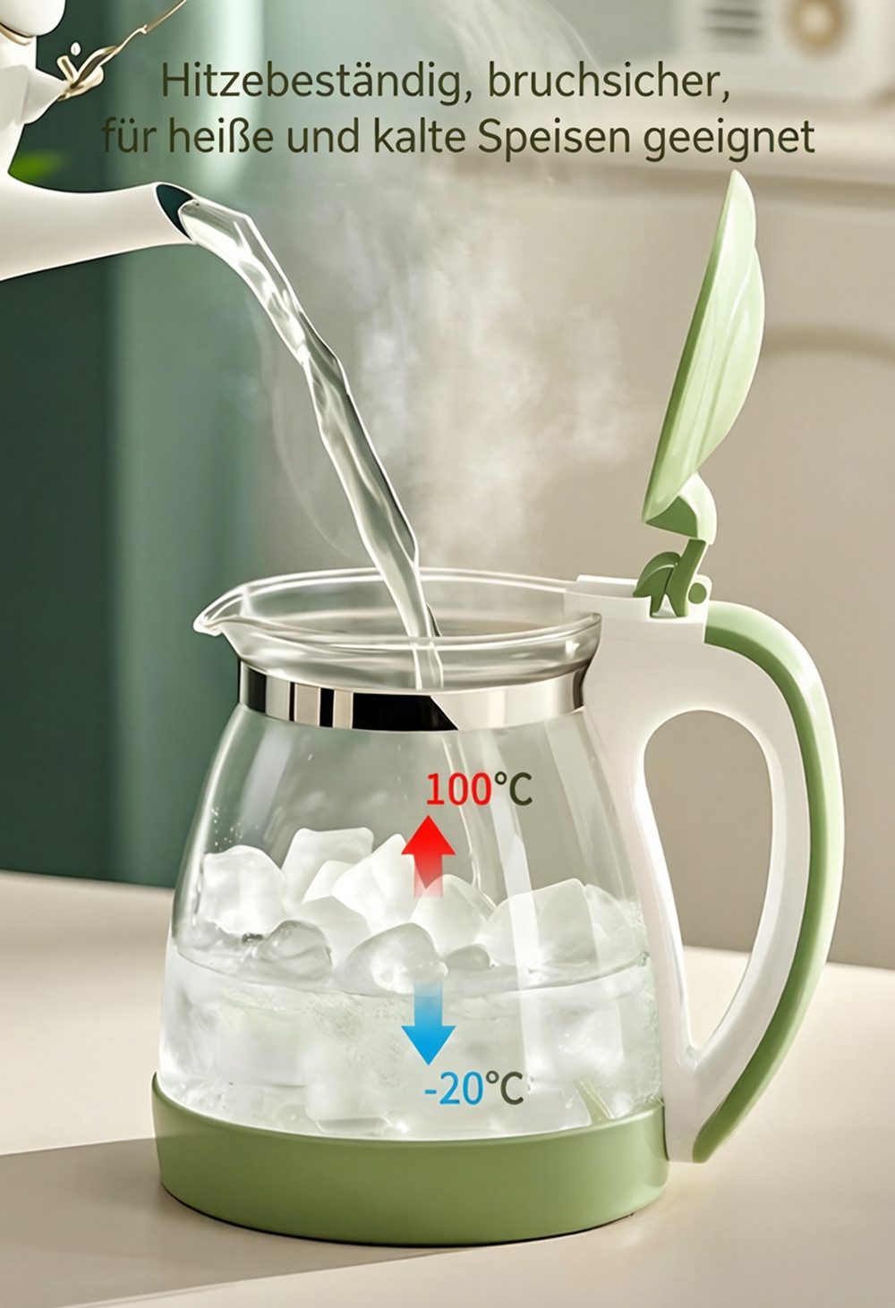 Jumpeak Teeservice Teekanne,Glasteekanne,Glas Teekanne mit Siebeinsatz,Teekanne mit Tasse, hitzebeständiges Glas, Edelstahl, PP-Teile für den Kontakt mit Lebensmitteln, Zwei Große Teetassen,Teekanne Set,Teesieb für Teekanne,Bambusgrün
