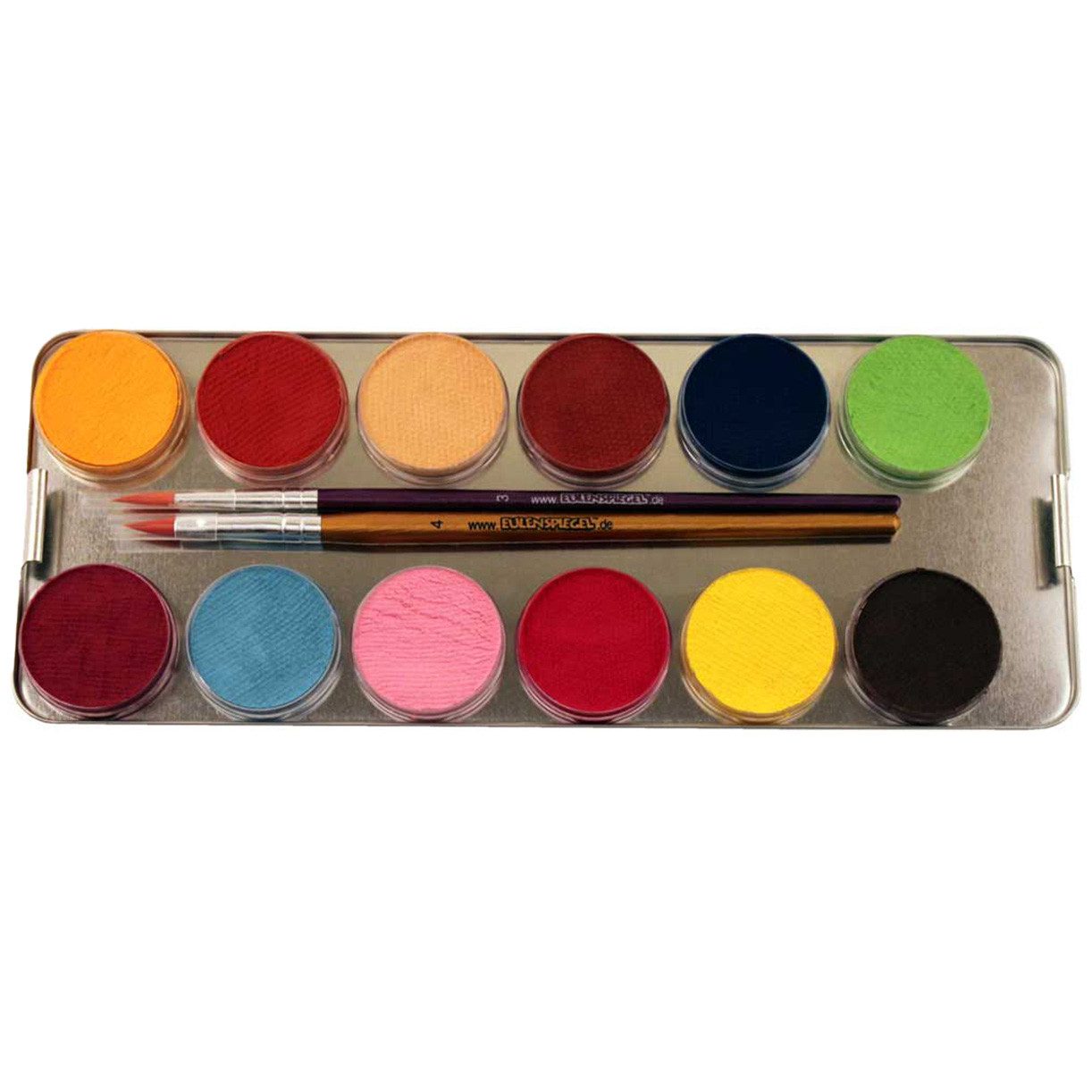 Eulenspiegel Theater Schminkpalette Eulenspiegel 24 Profi Aqua Farben Metall-Palette inkl. 3 Profi-Pinseln (1-tlg), Made in Germany, dermatologisch getestet