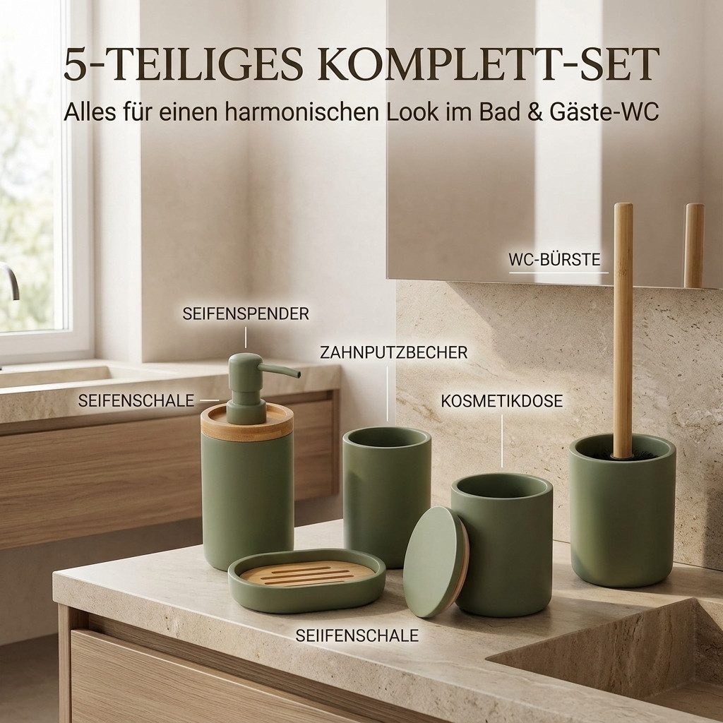 TENDANCE Badaccessoire-Set 5 teilig Zahnputzbecher Seifenspender Seifenschale WC Bürste Wattedose, , – Das zeitlose Design wertet jedes Badezimmer optisch auf