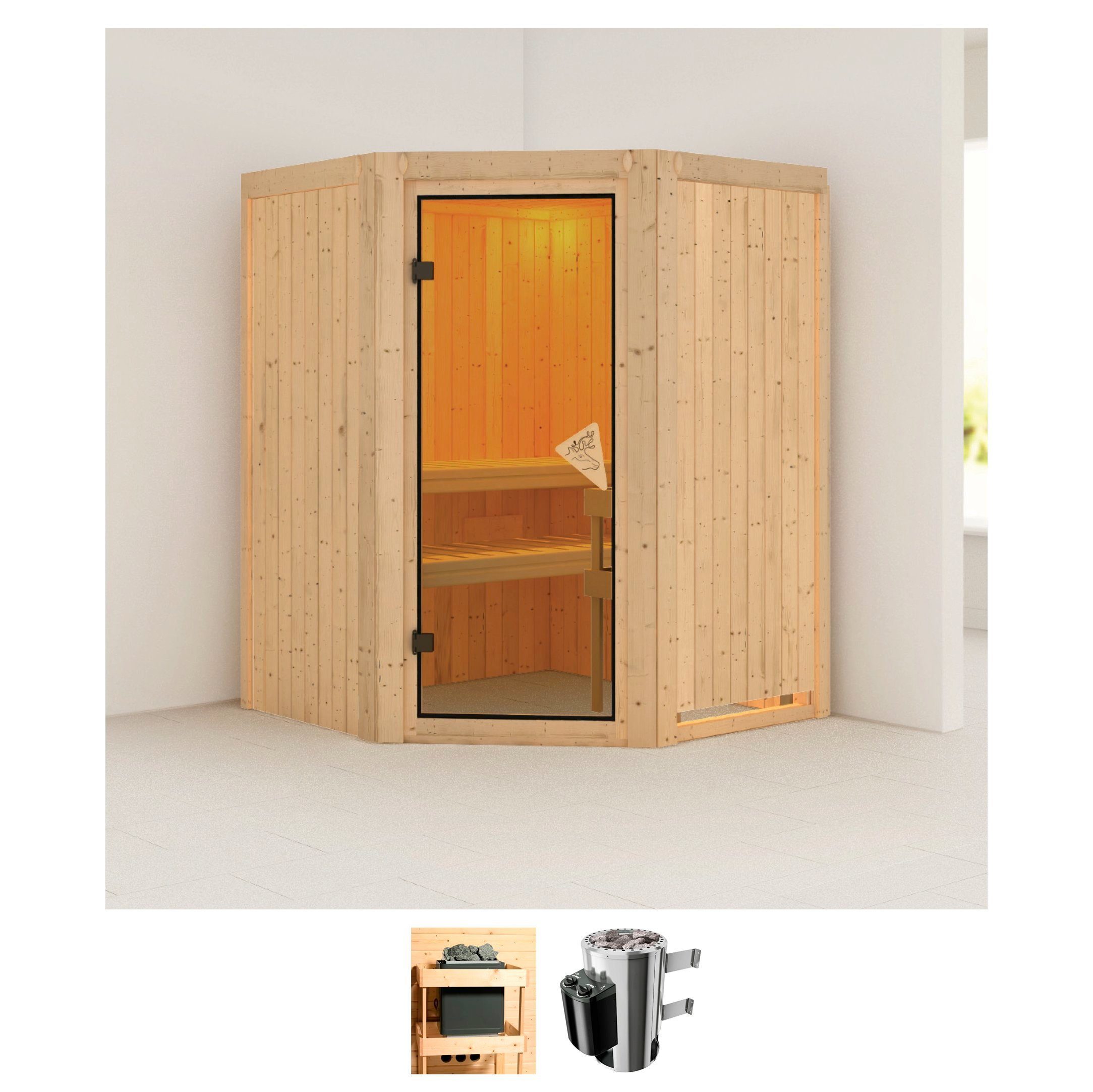 Karibu Sauna Nanna, BxTxH: 151 x 151 x 198 cm, 68 mm, (Set) Ofen 3,6 kW intgr. Strg