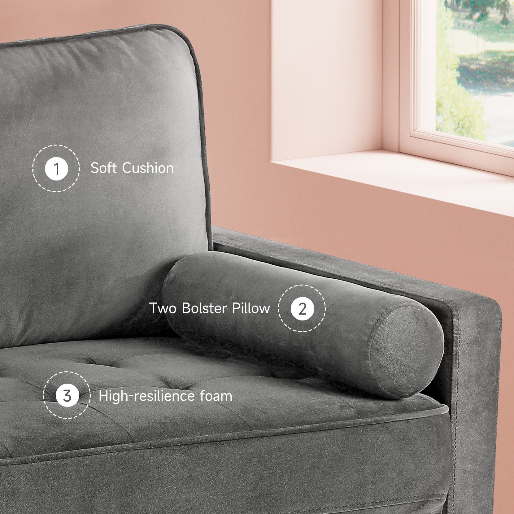 OUNUO Sofa 121cm Kleines Loveseat Sofa Couch aus Samt und Leinen mit 2 Zierkissen