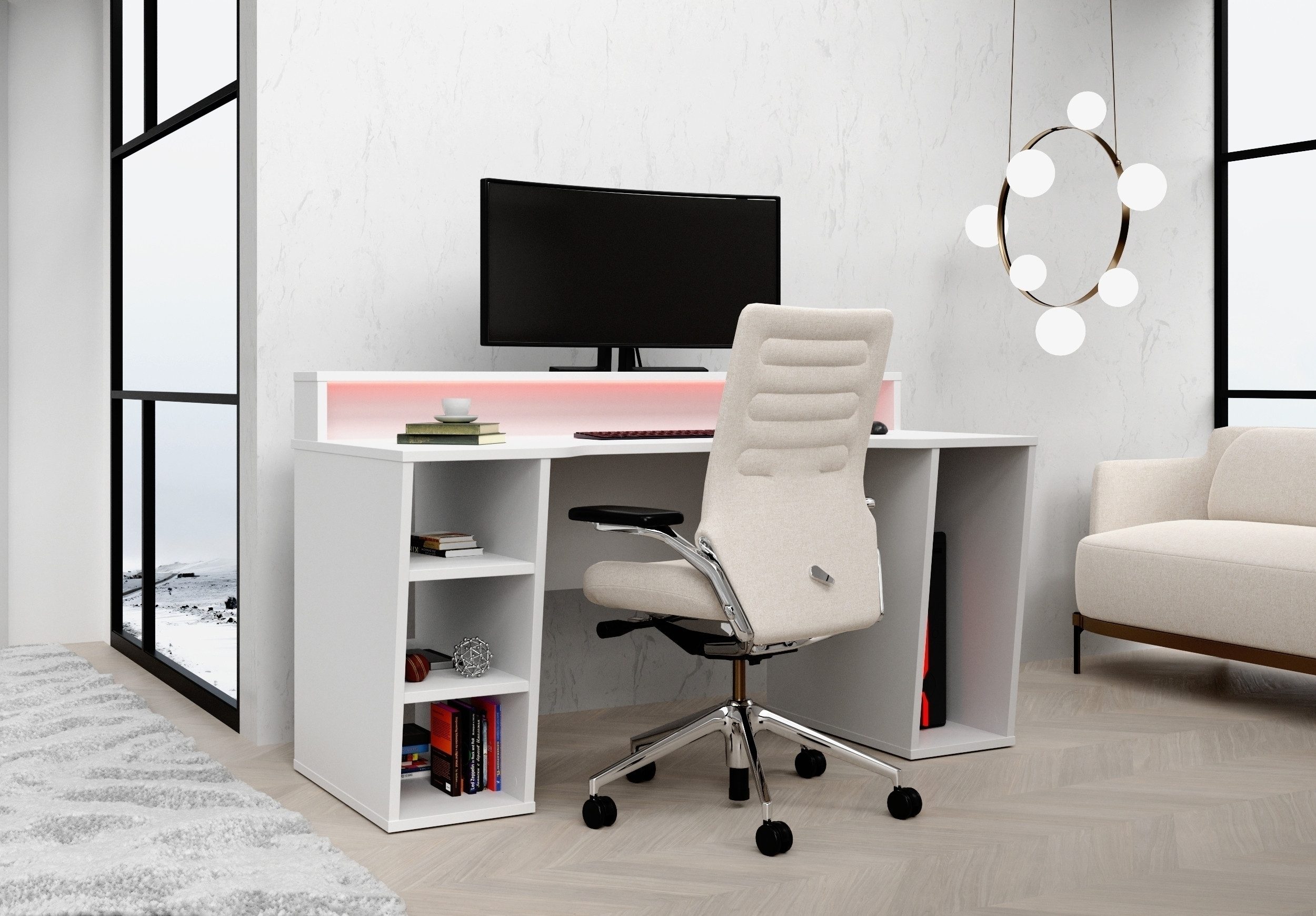 freiraum Schreibtisch TEZAUR, LED-Beleuchtung, Ablage, Fächer, in Weiss - 160x91x72cm (BxHxT)