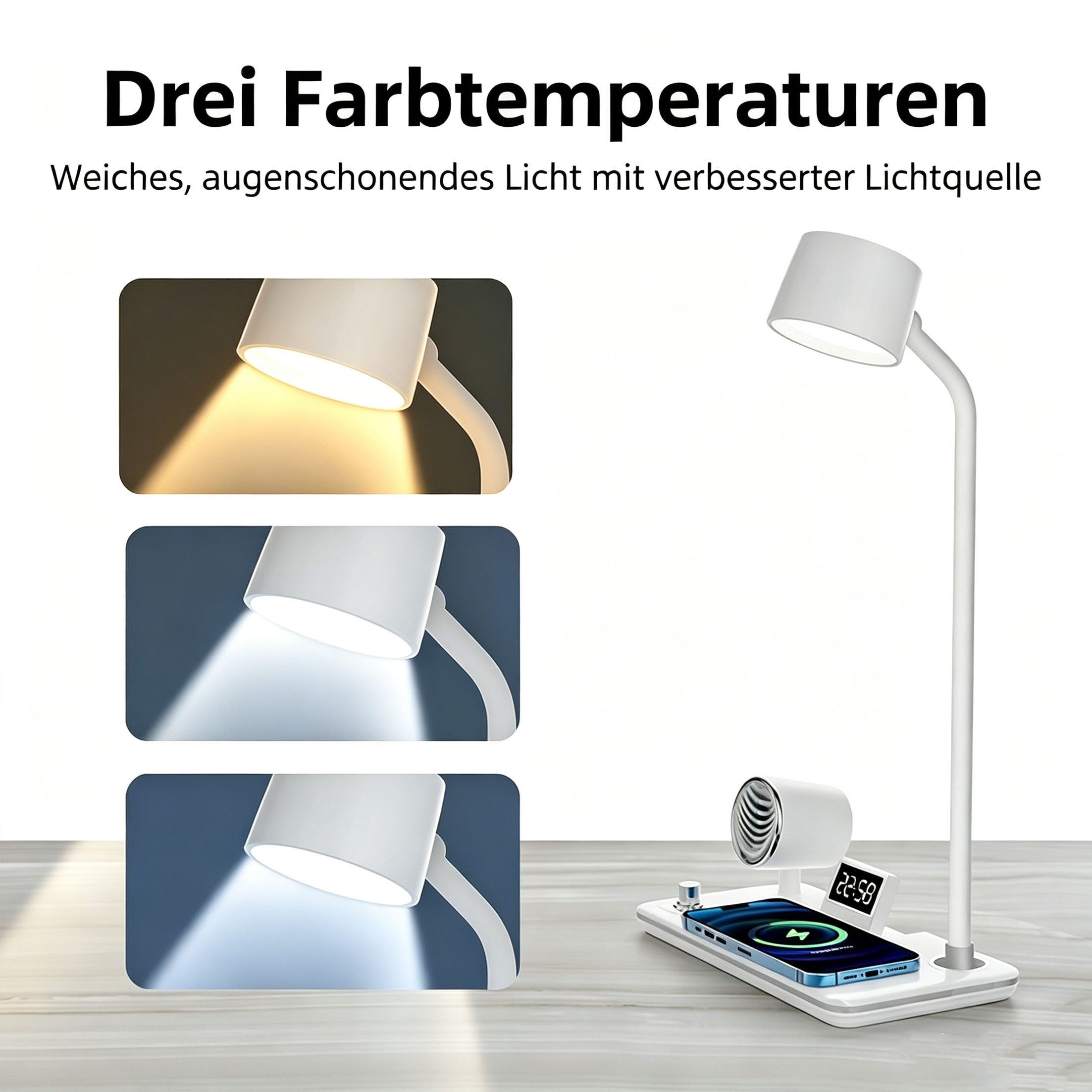 KINSI LED Schreibtischlampe LED Schreibtischlampe mit Bluetooth Lautsprecher, Qi Ladestation, LED fest integriert, Flexibler 360° Lampenkopf, Drei Lichtfarben, Digitaluhr und Wecker