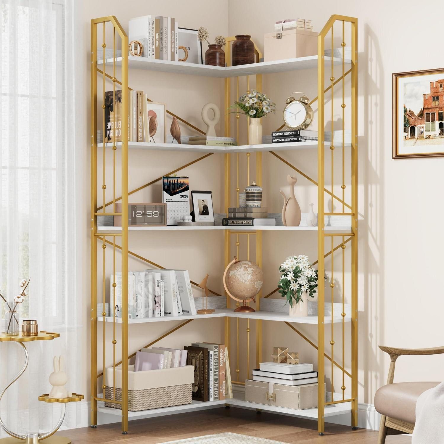LuxusKollektion Eckregal Bücherregal Eckregal 5 Ebenen 183cm Holz Metall Golden, 1-tlg.