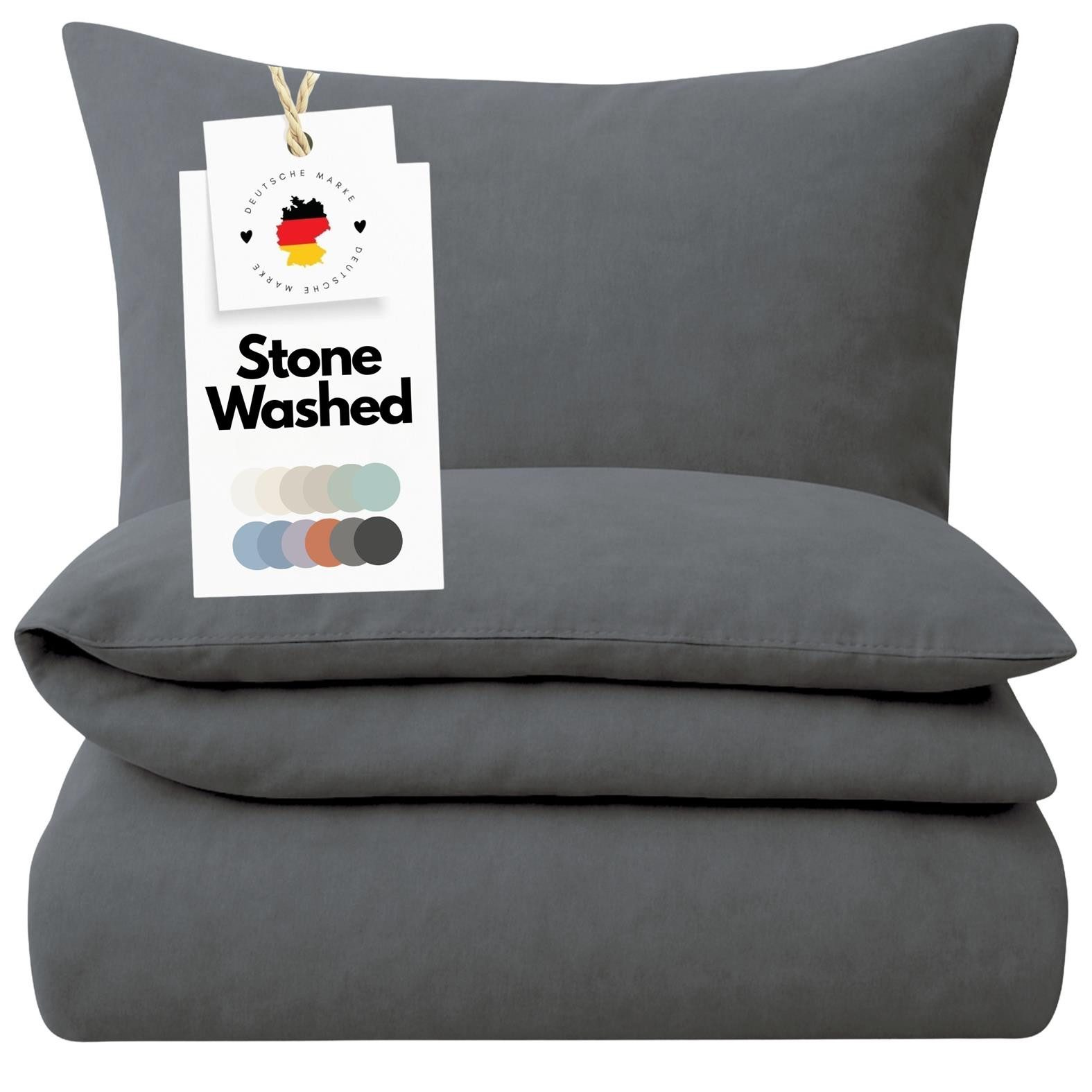 Carpe Sonno Bettwäsche 135 x 200 - 155 x 220 - 200 x 200 - 220 x 240 Bettwäsche Baumwolle, Renforcé, 3 teilig, OEKO-TEX Stone Washed Bettbezug 200x200 Dunkelgrau