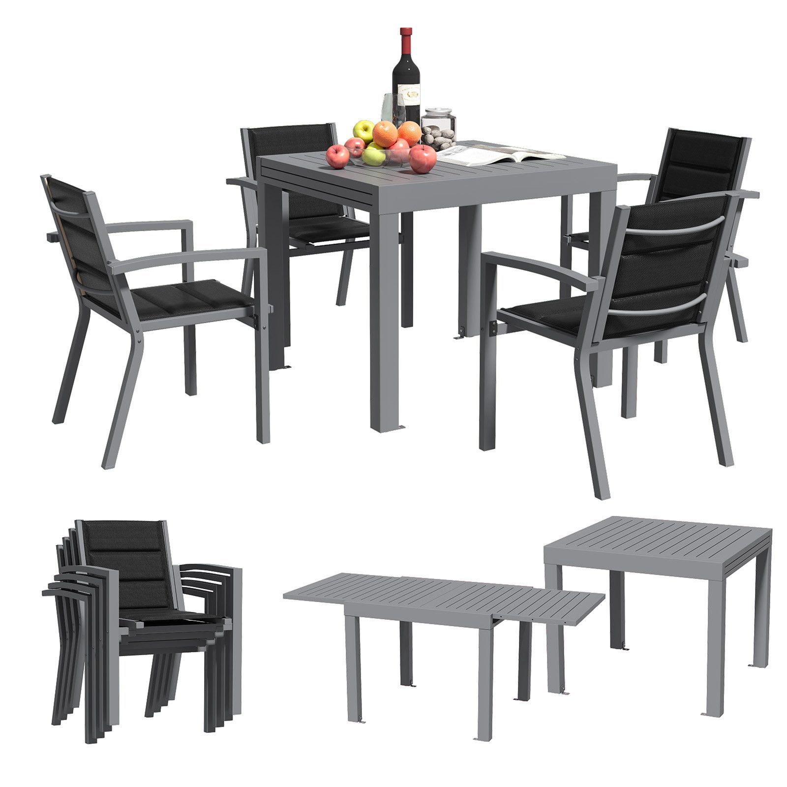 HOMALL Gartentisch Garten-Essgruppe 160/260cm Aluminium Ausziehtisch und Gartenstuhl (Verdicktes Aluminium, wasserdicht und rostfrei Multi-Größe Multi-Farbe Verschiedene Verpackungen erhältlich)