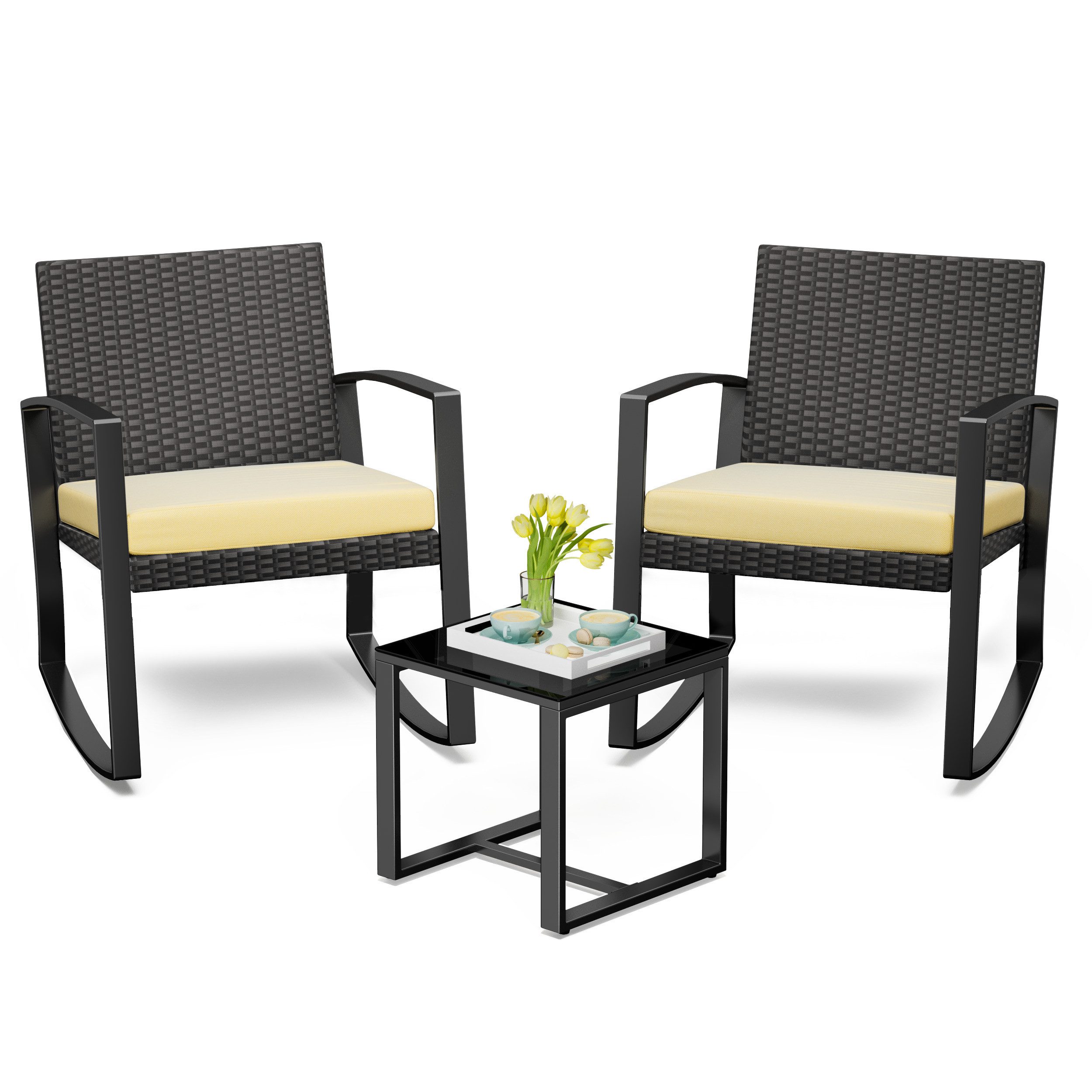 Bealife Balkonset Gartenlounge-Set, (3-tlg), 1 Tisch und 2 Stühle, Rattan Gartenmöbel, (Mit Schaukel-Funktion)