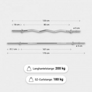 GORILLA SPORTS Langhantelstange Curlstange mit Sternverschlüssen, Chrom, 170 cm (Set)