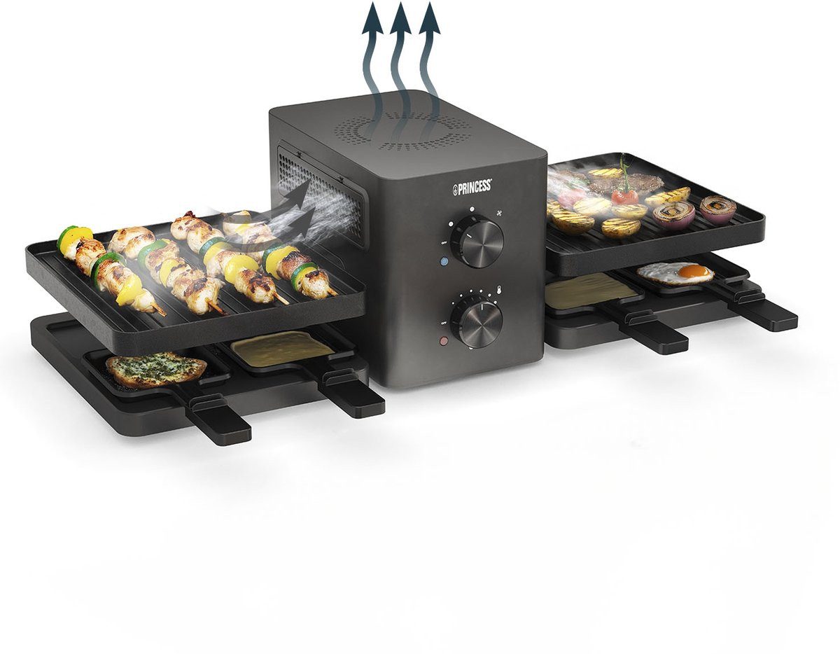PRINCESS Raclette 162660 mit Luftfiltersystem, 8 Raclettepfännchen, 1500 W, Purify, Integriertes Luftfiltersystem, Klappbar, PFAS-Frei