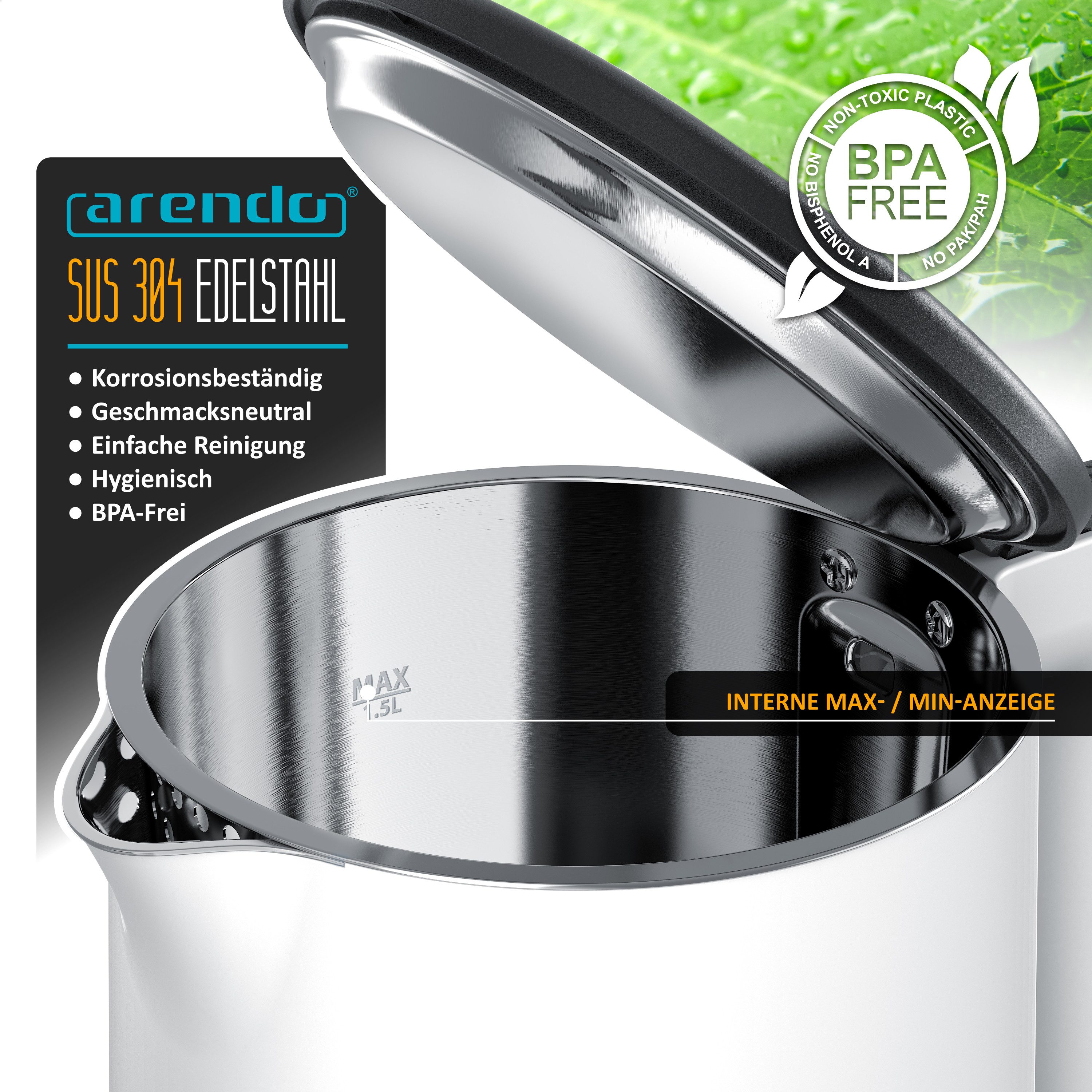Arendo Wasserkocher aus Edelstahl, 360° Controller, Doppelwand-Design, weiß matt, 1,5 l, 2000 W, Teekocher, Überhitzungs- und Trockengehschutz, BPA-frei
