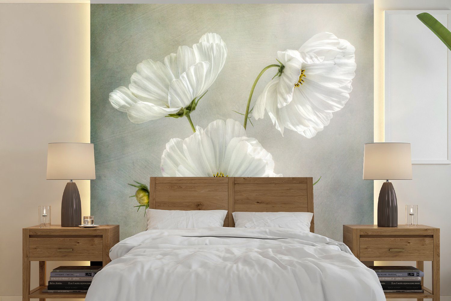MuchoWow Fototapete Mohn Matt, Schlafzimmer bedruckt, (4 Wohnzimmer Botanisch, Weiß Fototapete St), Küche, - - - Blumen Stillleben - Vliestapete für