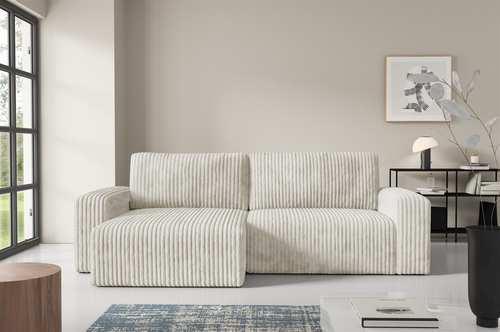 Fun Möbel Ecksofa Sofa NATALIA mit Schlaffunktion in Velourstoff Tilia, Rundumbezug, Ottomane Links oder Rechts