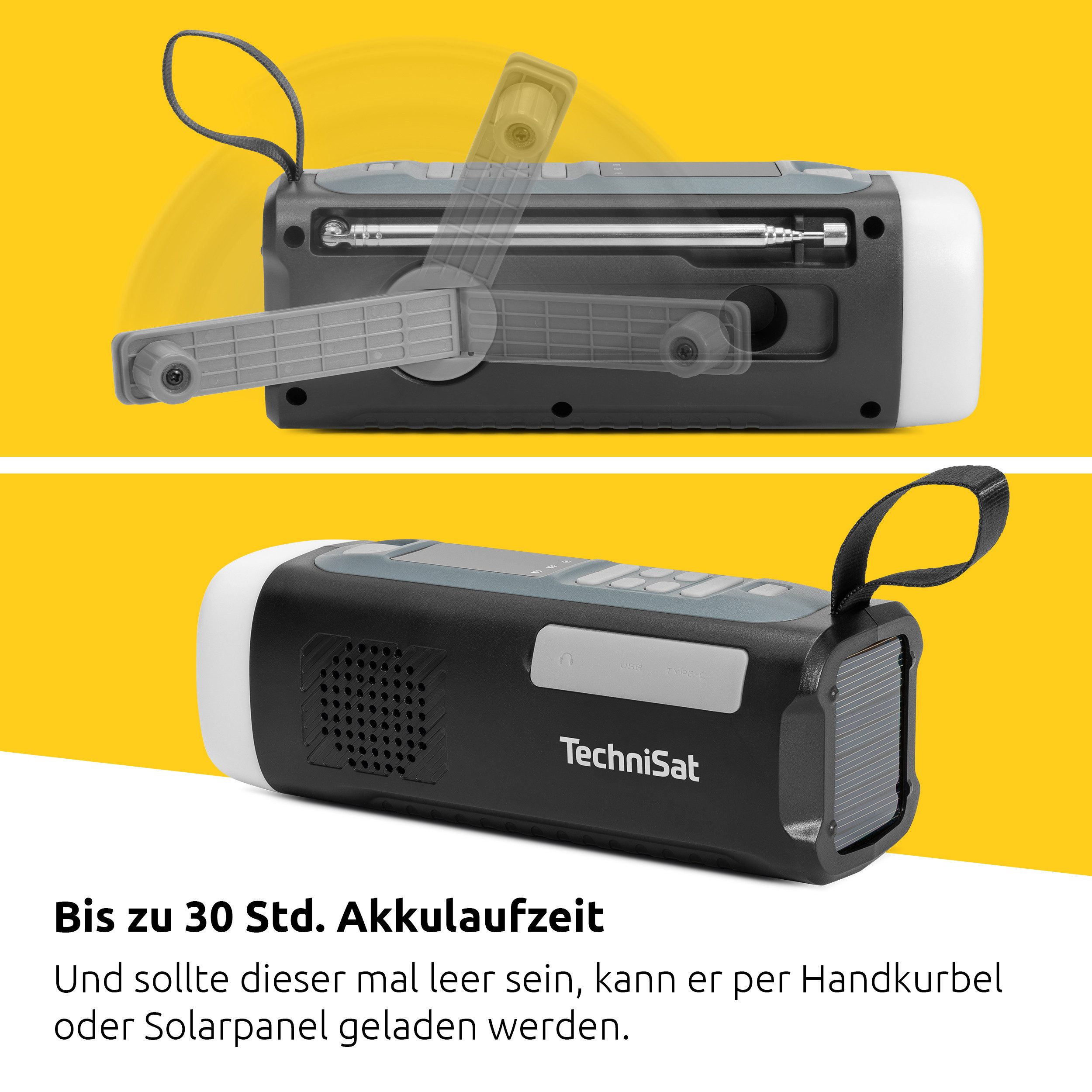 TechniSat VIOLA Kurbelradio UKW-Radio (FM-Tuner, 3 W, Akkuladung per Solar & Kurbel, Bluetooth, Powerbank, SOS-Alarm, Lampe)