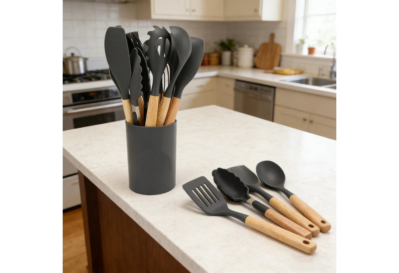 OKWISH Kochbesteck-Set 12er Küchenutensilien Set Küchenhelfer Kochgeschirrset (mit Hitzebeständigem Holzgriff und Aufhängeschlaufe, 12-tlg., Kochbesteck, Silikon und Holz), BPA-frei für Kochen Braten Schöpfen Mischen und Backen usw