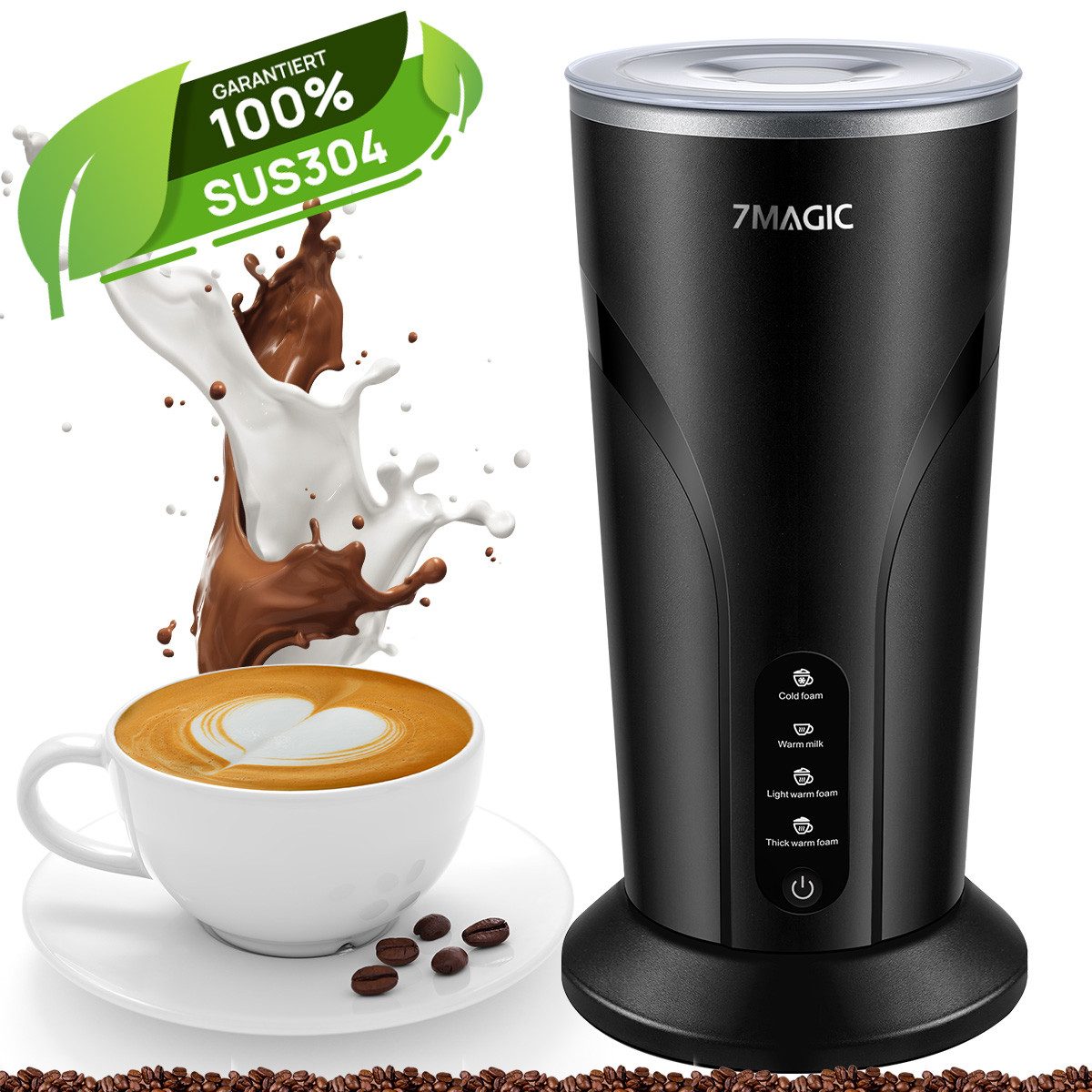 7MAGIC Milchaufschäumer 4 in 1 milchaufschäumer elektrisch, 500 W, Antihaftbeschichtung, für Macchiato, Latte, Cappuccino