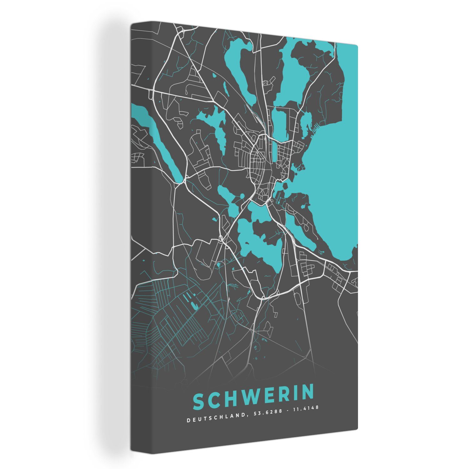 OneMillionCanvasses® Leinwandbild Deutschland - Blau - Schwerin - Stadtplan - Karte, (1 St), Leinwandbild fertig bespannt inkl. Zackenaufhänger, Gemälde, 20x30 cm