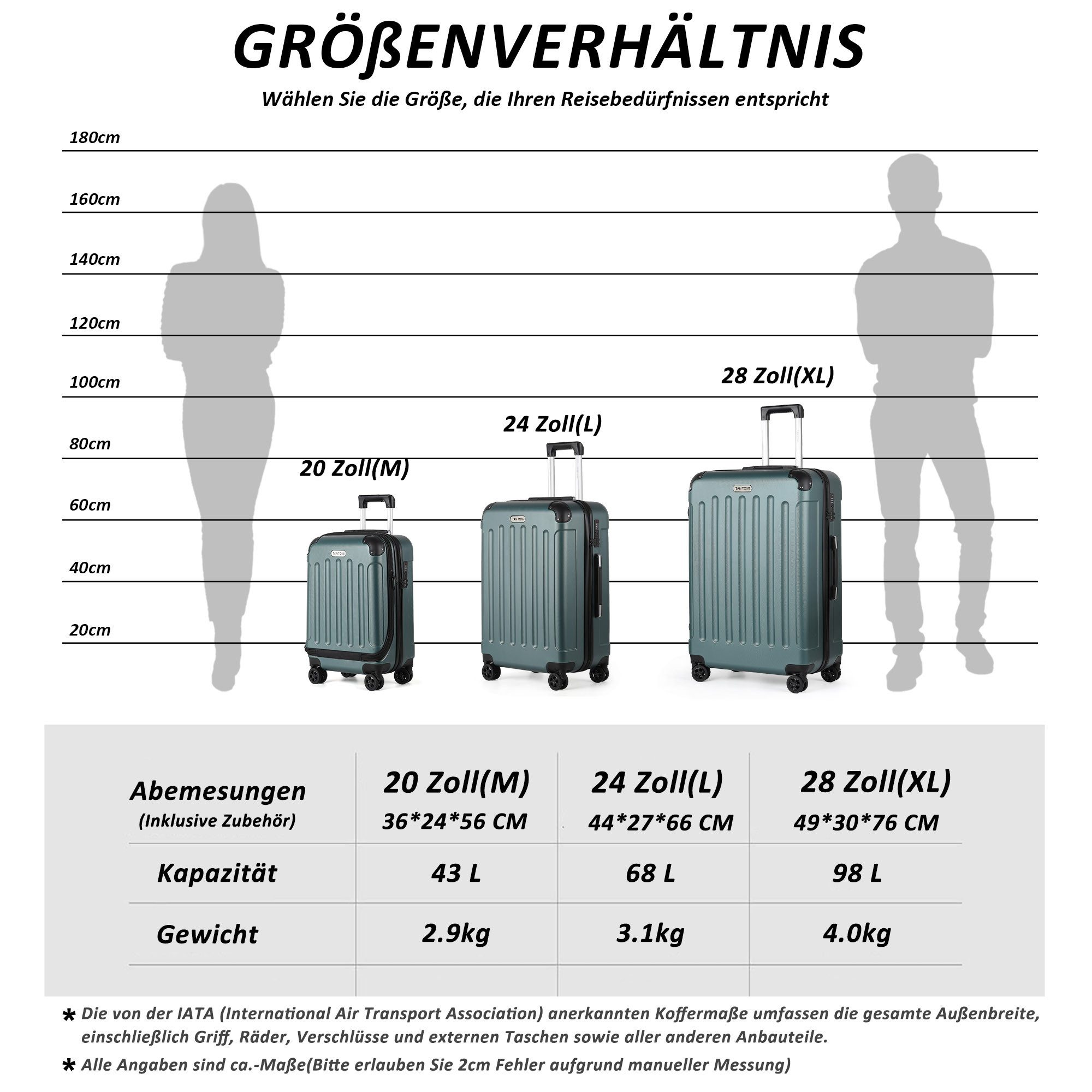 TAN.TOMI Kofferset 3-Tlg ABS Handgepäck Koffer-Set Rollkoffer Reisekoffer, 4 Rollen, Reisetrolley Leicht mit 4 Rollen 360° Große Kapazität Trolley