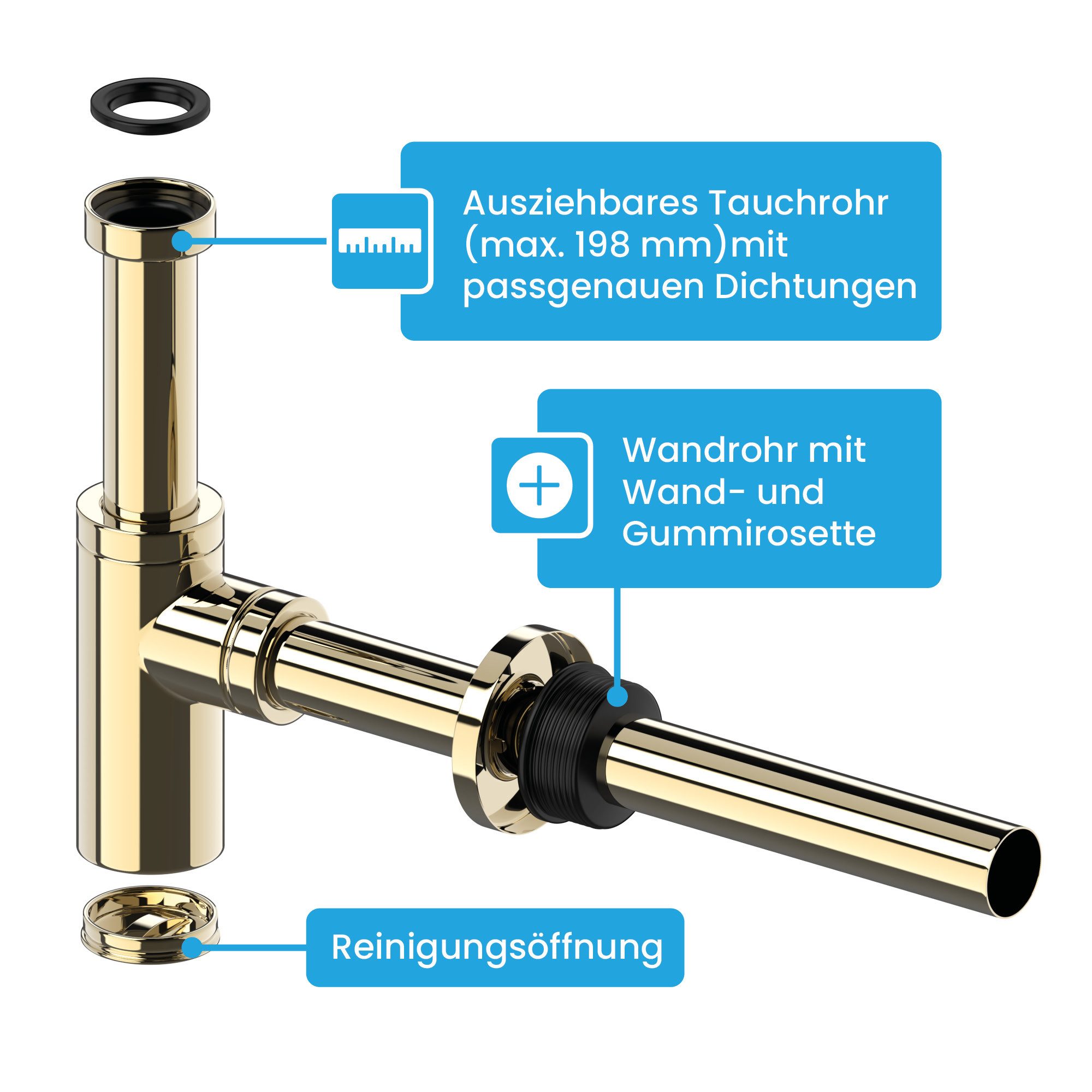 Bächlein Siphon Eleganter Waschbeckenablauf, (Hochwertiger Waschbeckensiphon, Goldfarben), Innovative Reinigungsöffnung, Universell einsetzbar