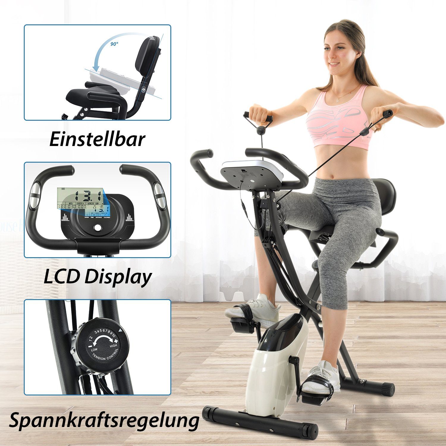 Heimtrainer (magnetische faltbares Fitnessfahrrad), 3-in-1 X-bike mit Expanderbänder, 10 Widerstandsstufen, Max 120 kg