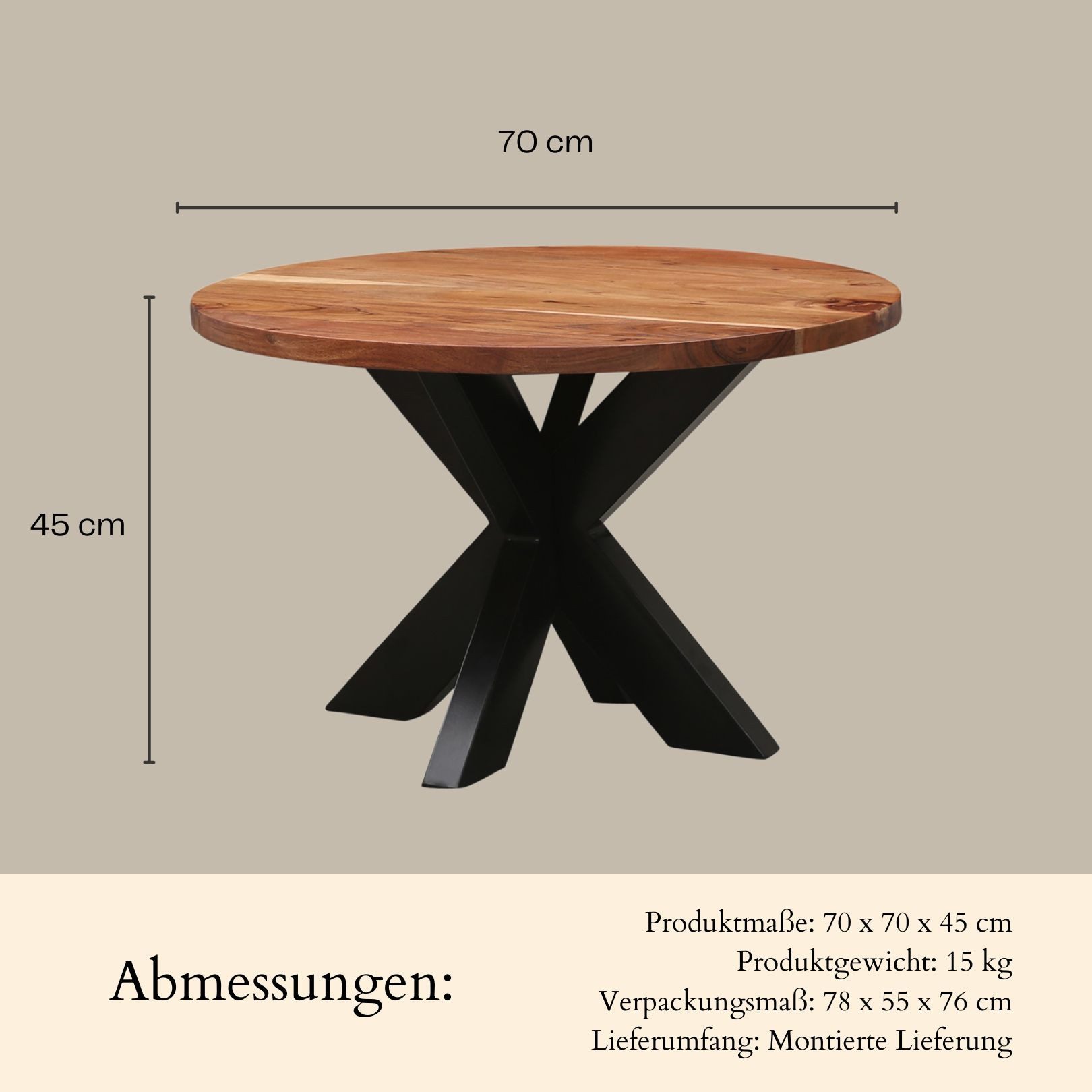 Marrakesch Orient & Mediterran Interior Couchtisch Industrial Couchtisch Abele handgemacht aus Metall & Holz massiv 70 cm (1-St), Handarbeit