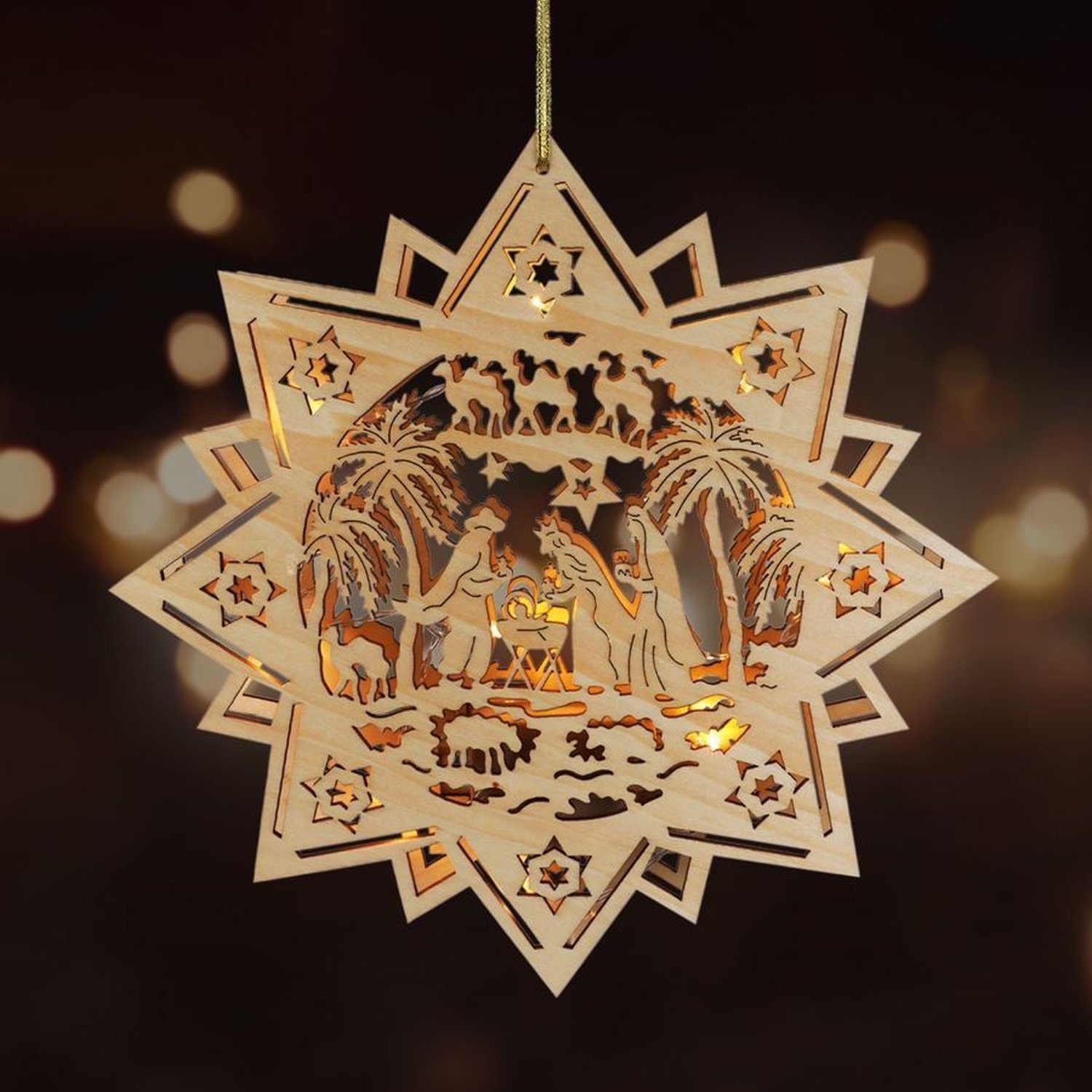sesua Dekostern Weihnachtsstern Stern aus Holz 30cm 10 LED's Drei Könige