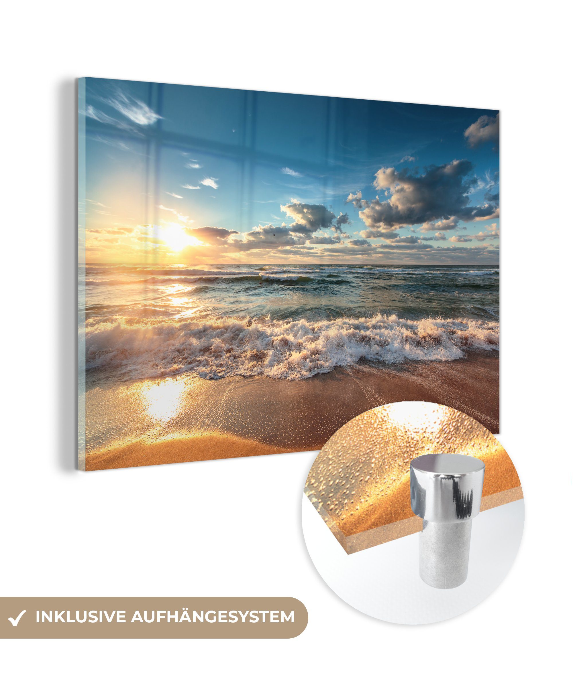 St), Glas Bilder auf Wandbild Strand - - MuchoWow Acrylglasbild (1 - Foto Glas - Wanddekoration Sonnenuntergang, Meer auf - Glasbilder