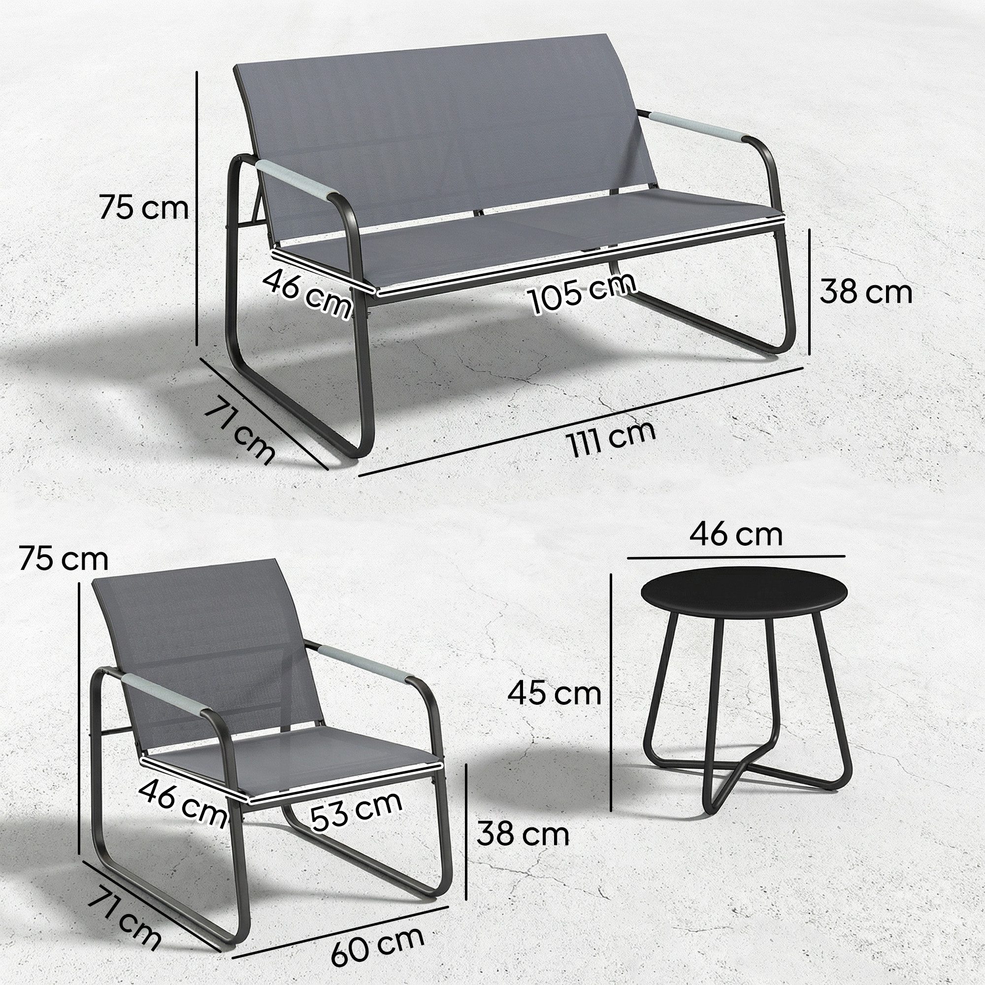 Outsunny Sitzgruppe mit 2er Sofa, 2 Sessel, Seilflecht, Rund Tisch, Fußpads, (Atmungsaktiv Gartenlounge, 4-tlg., Gartenmöbel Set), für Garten Balkon Grau