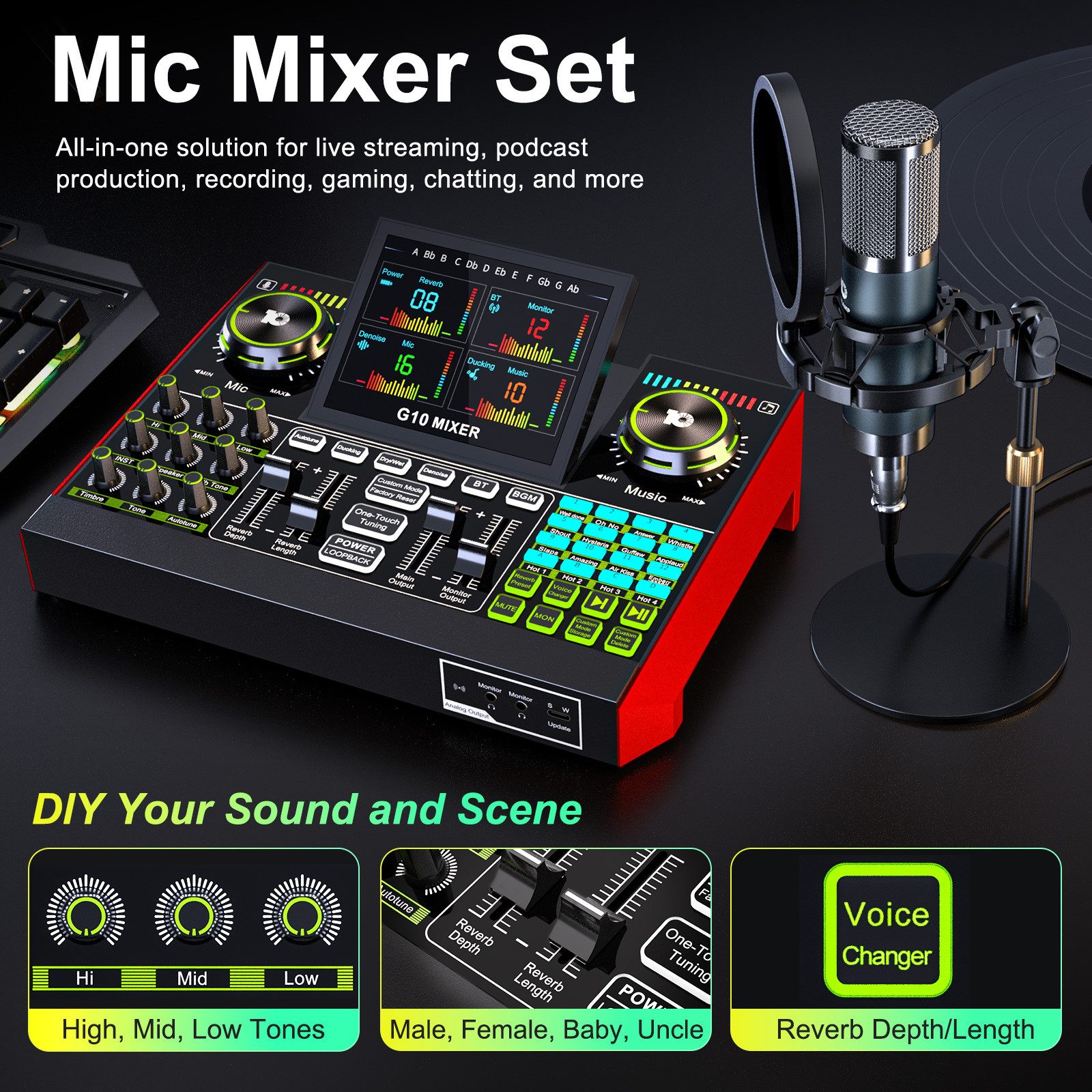 Tenlamp G10-P15A Podcast-Ausrüstungsset mit Audio-Mixer und Soundkarte Soundkarte