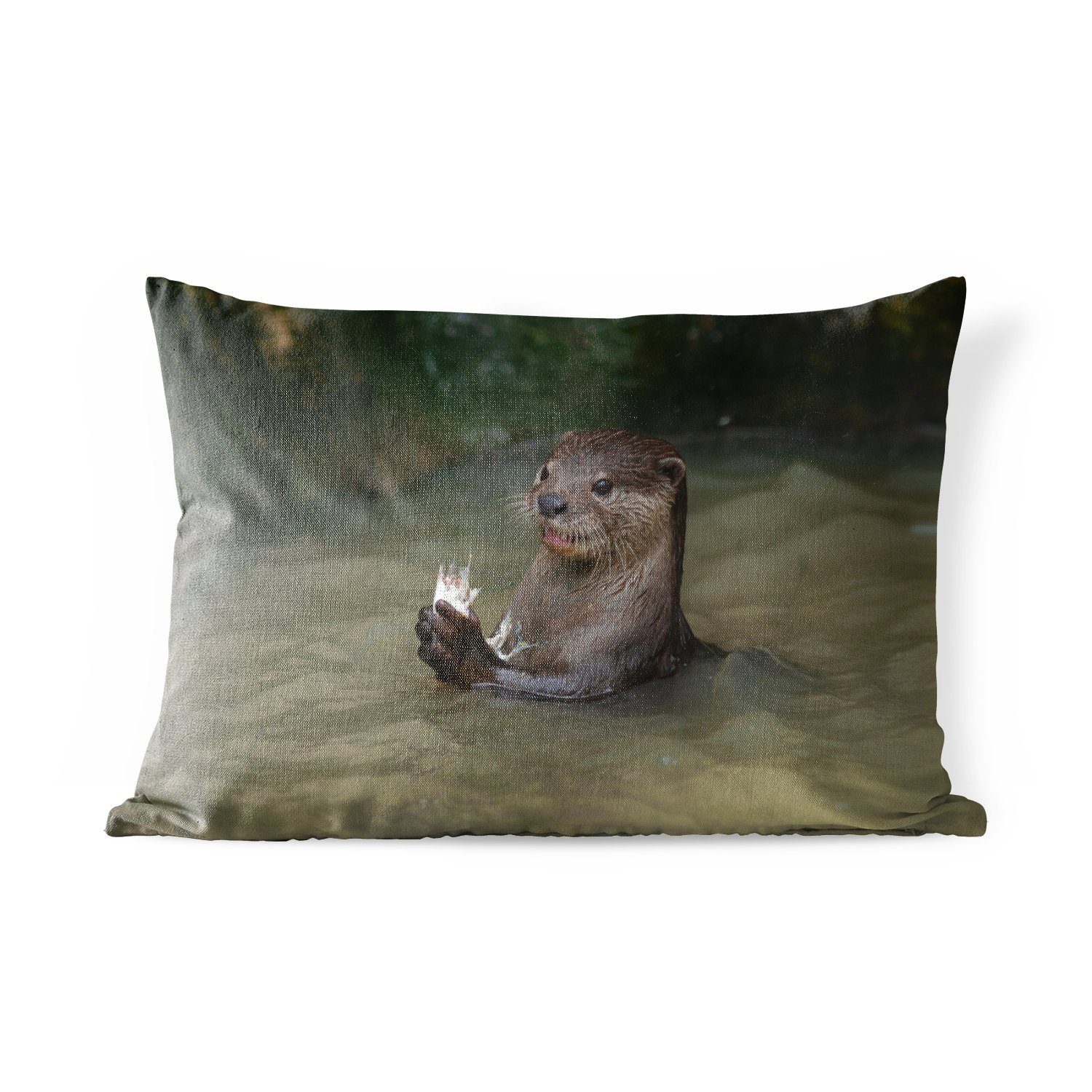 MuchoWow Dekokissen Otter mit Futter im Wasser, Outdoor-Dekorationskissen, Polyester, Dekokissenbezug, Kissenhülle