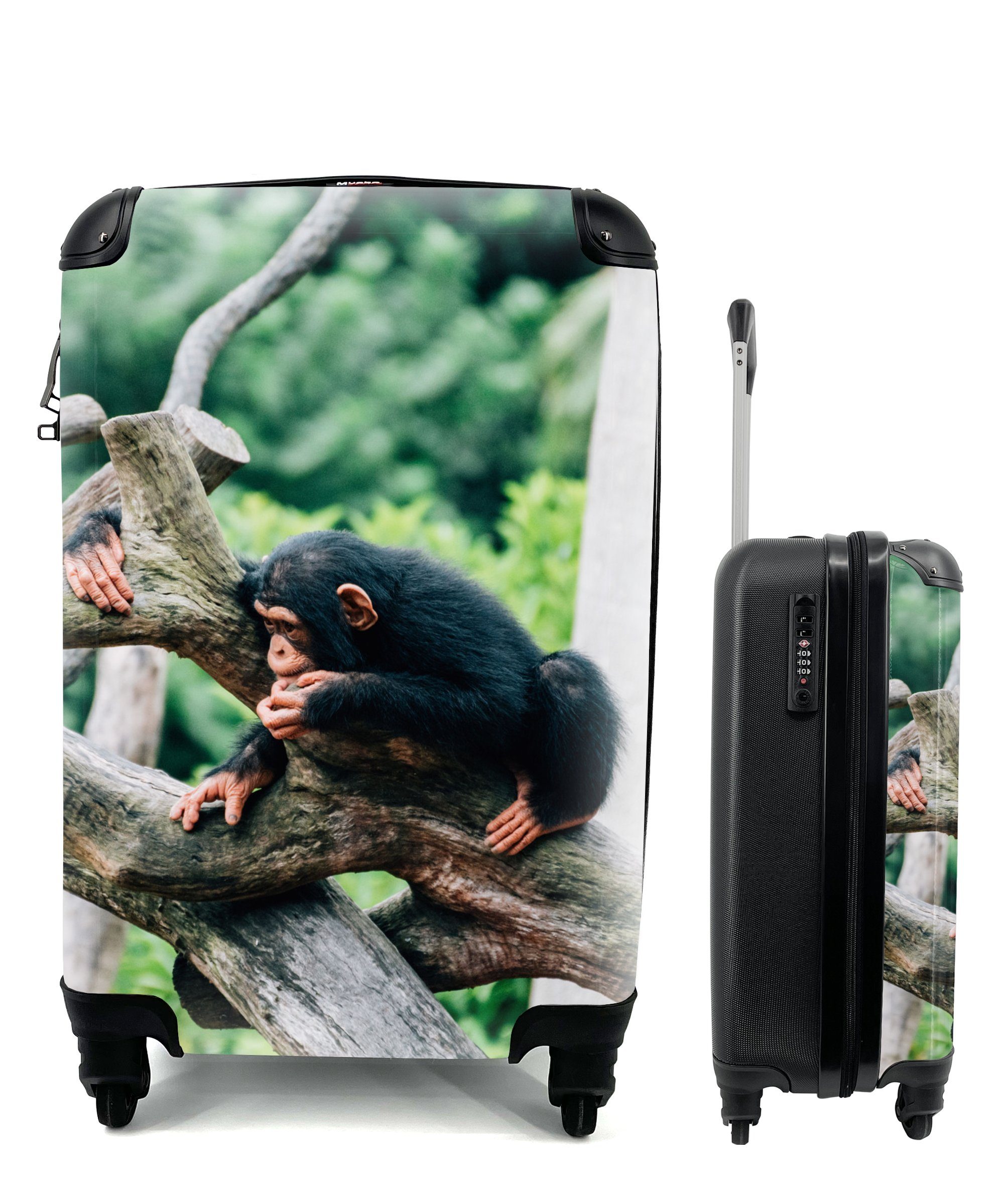 MuchoWow Handgepäckkoffer Junger Schimpanse im Dschungel, 4 Rollen, Reisetasche mit rollen, Handgepäck für Ferien, Trolley, Reisekoffer