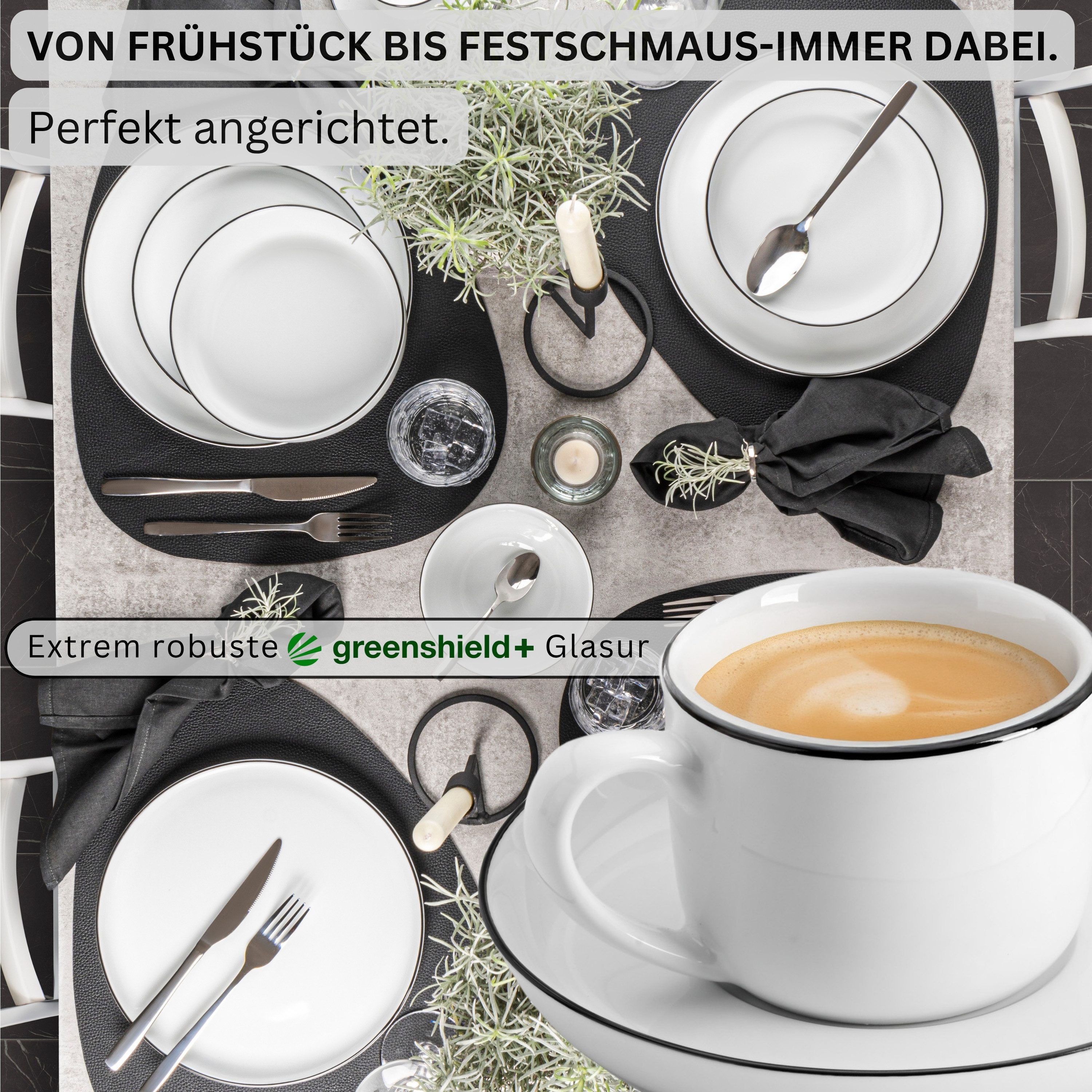 SÄNGER Kaffeeservice Marlo Kaffeetassen Set (12-tlg), 6 Personen, Porzellan, Weiß mit schwarzen Akzenten, Black Rim, Premium Collection