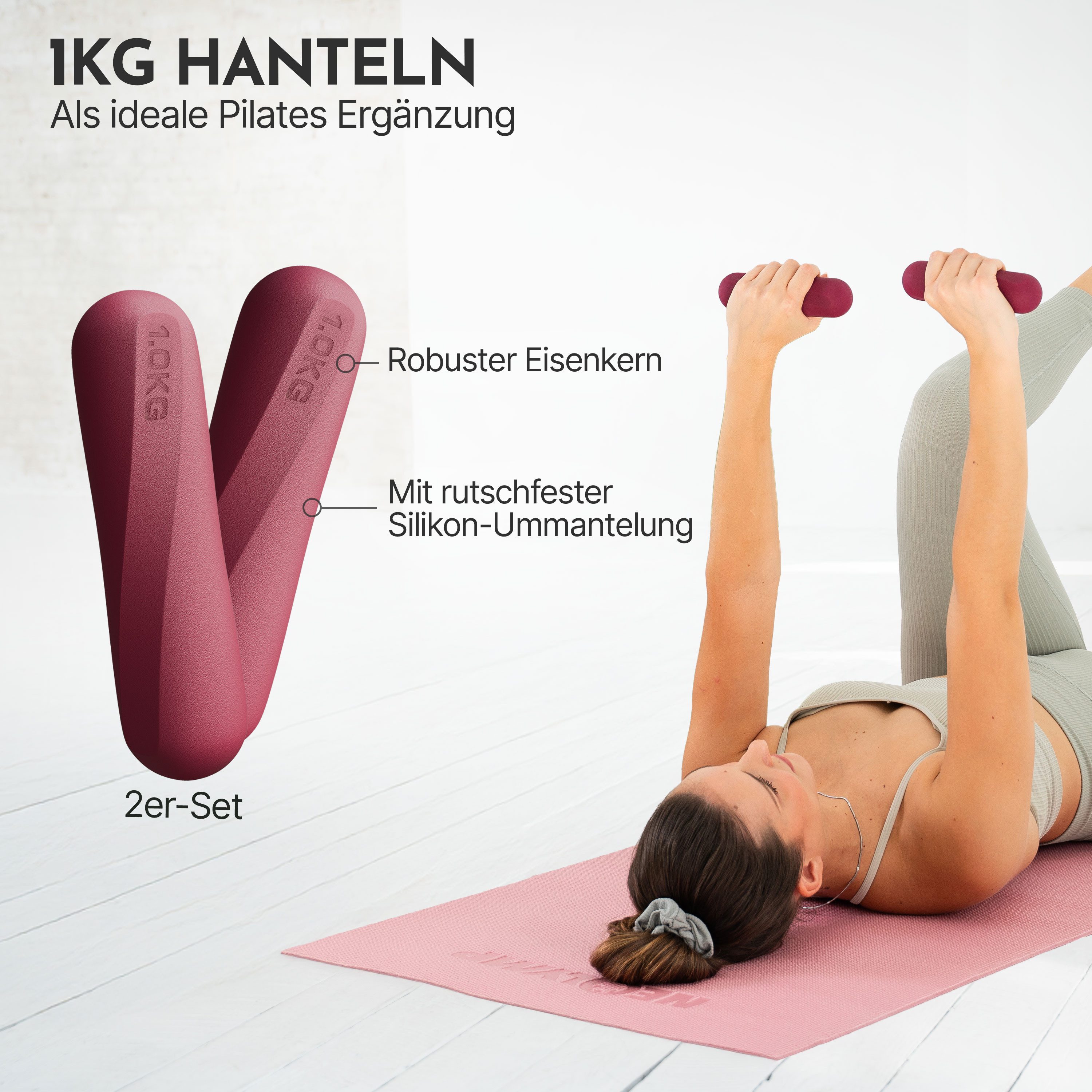 NEOLYMP Hantel-Set Pilates Hanteln 1 kg – rutschfestes Silikon Hantelset – 2er Set, (Kleine Hanteln für Frauen – Dumbbell Set für dein Home Pilates Set), Kurzhanteln 2er Set für Pilates, Yoga & Home Workout – kleine Hanteln