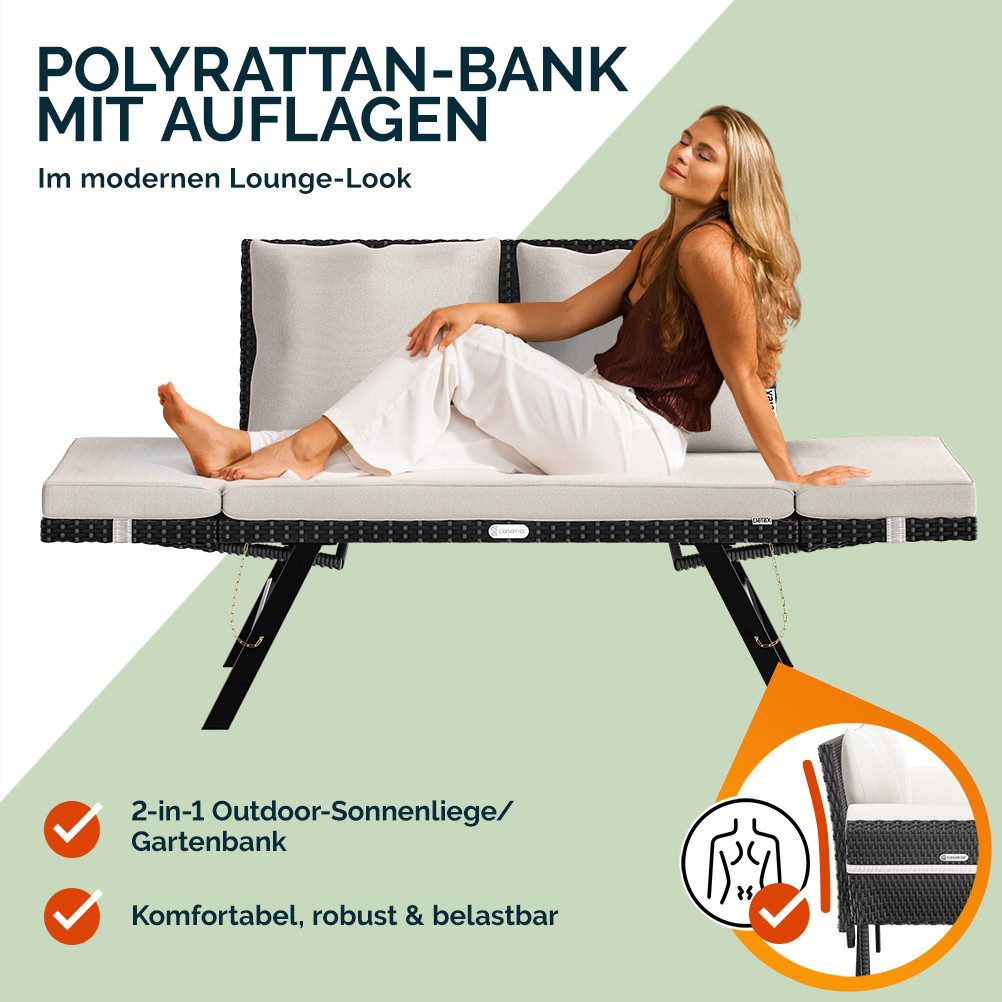 Casaria Gartenbank, Polyrattan mit Liegefunktion Auflage Kissen Verstellbare Armlehnen