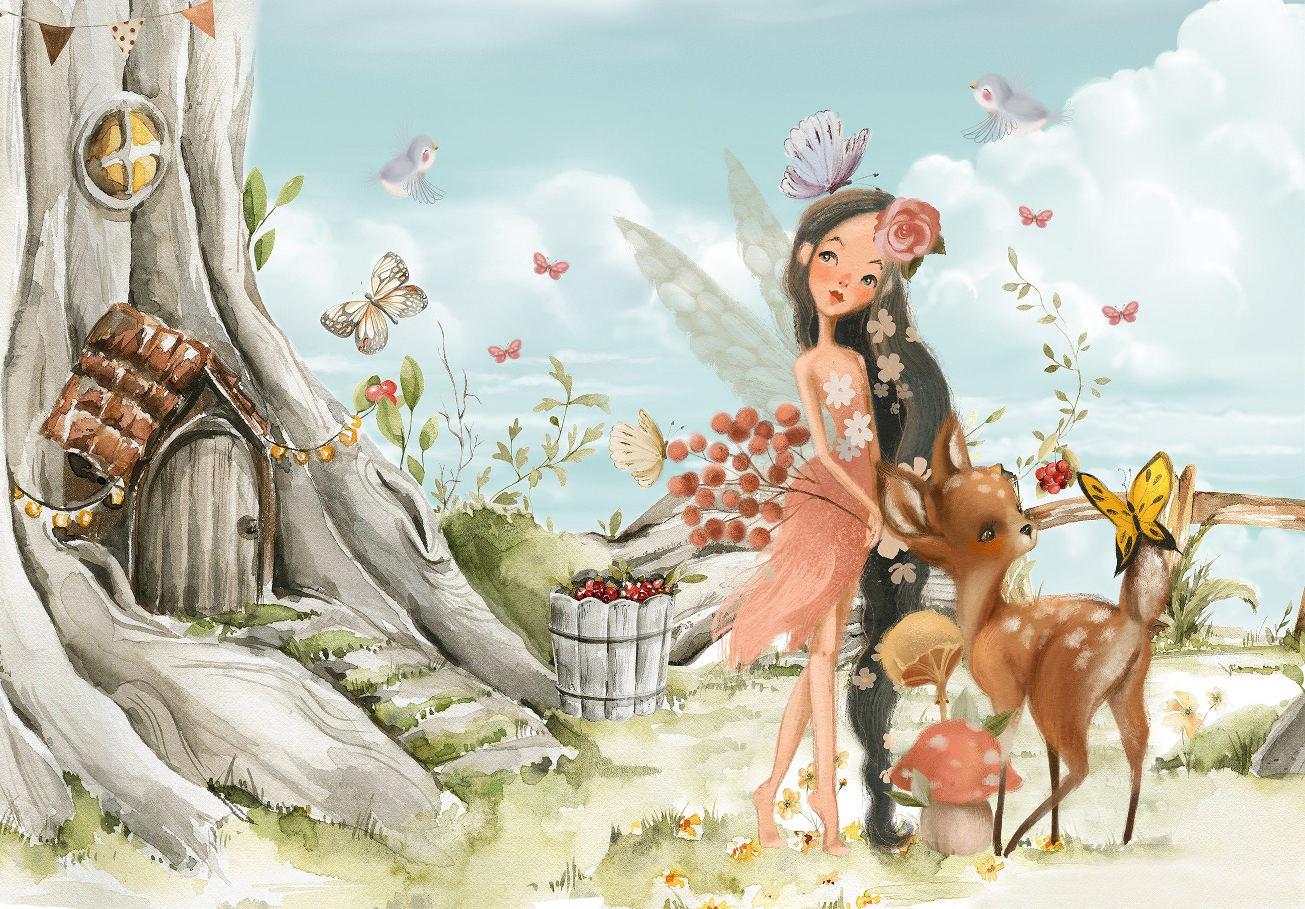 Wallarena Fototapete Kinderzimmer Mädchen Fee Wald Tiere Märchen Vlies Tape günstig online kaufen