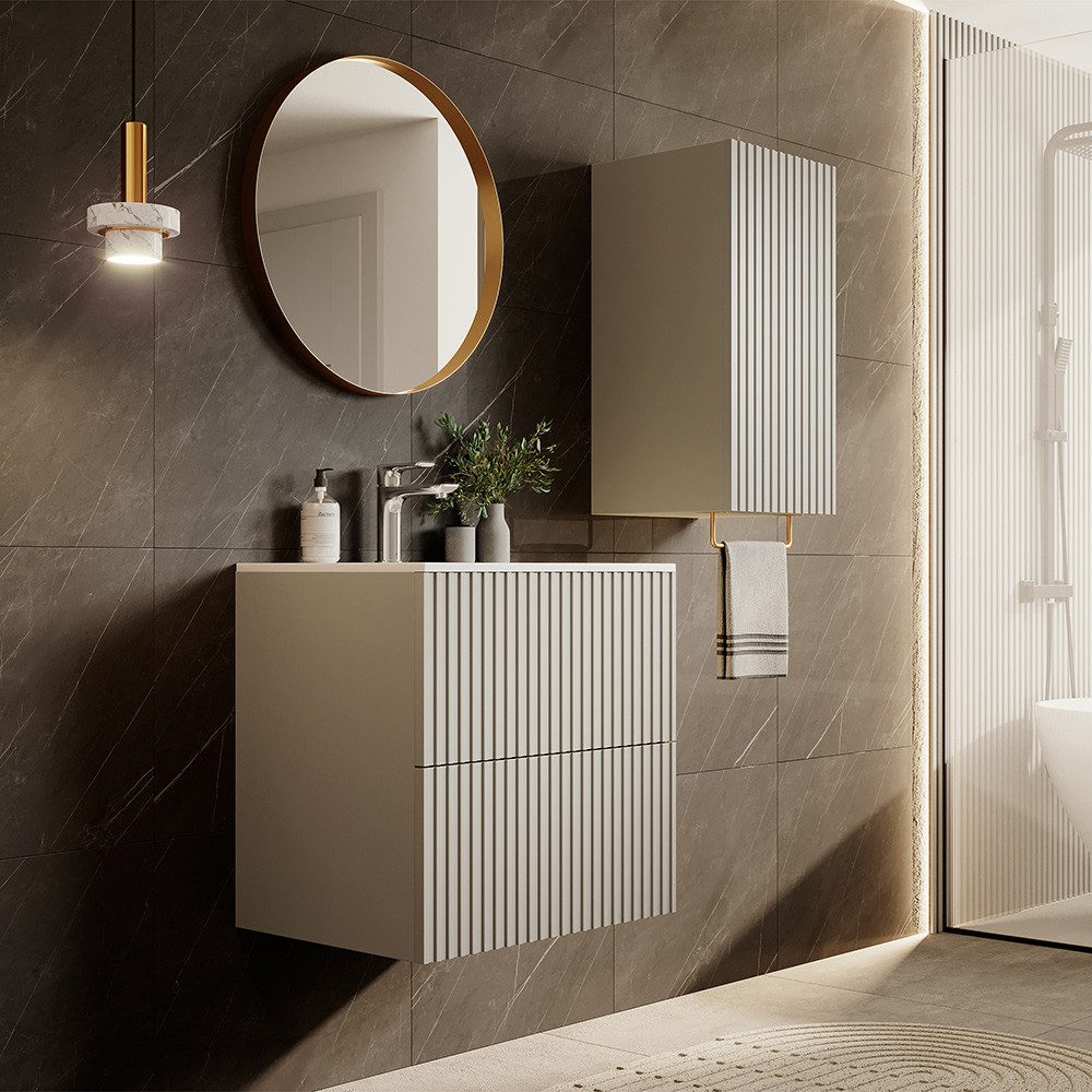 Lomadox Badmöbel-Set NAVASOTA-141, (Spar-Set, 3-St., Spiegel Waschtisch Hängeschrank), in kaschmir, gerillte Front, 60 cm Waschtisch