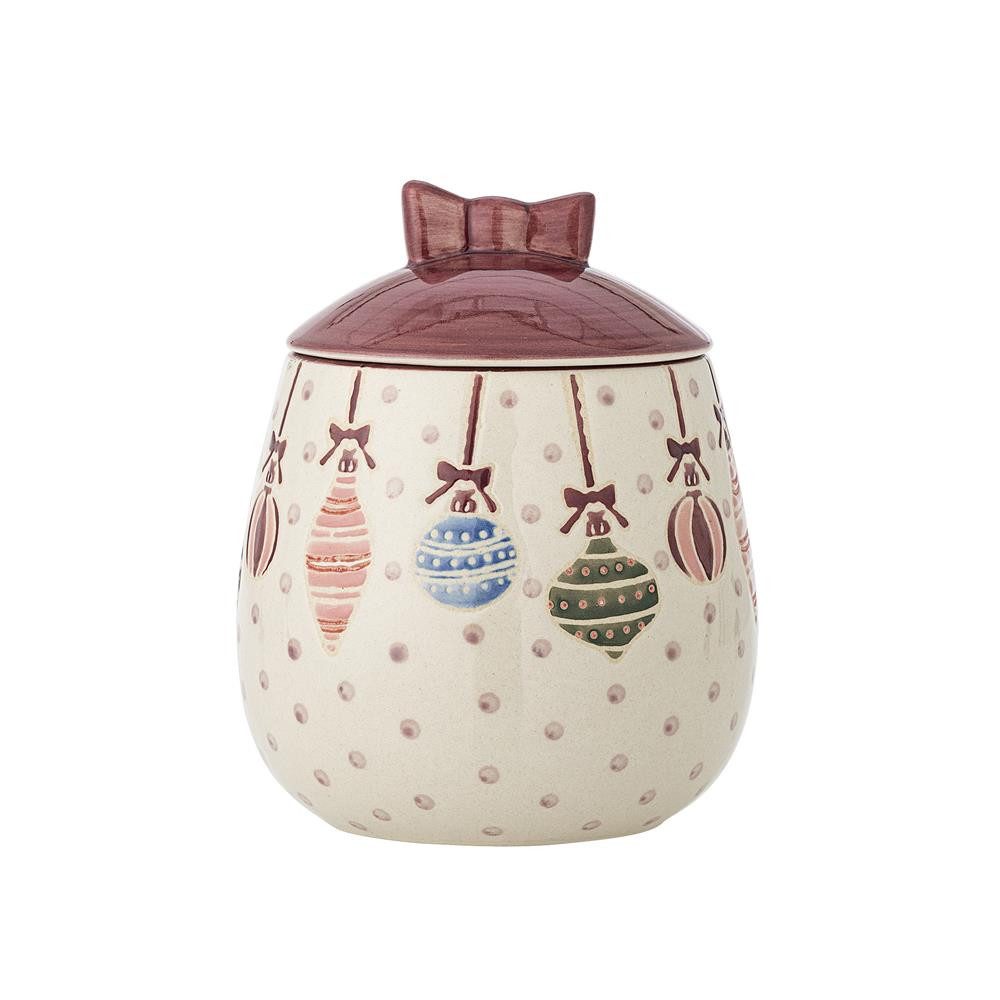Bloomingville Vorratsdose Ornamentia Weihnachtsdose in Geschenkform, Bunt, Steingut, 890 ml, Gebäckdose, Schleifendeckel, Weihnachtsmotiv, handbemalt, Geschenkidee