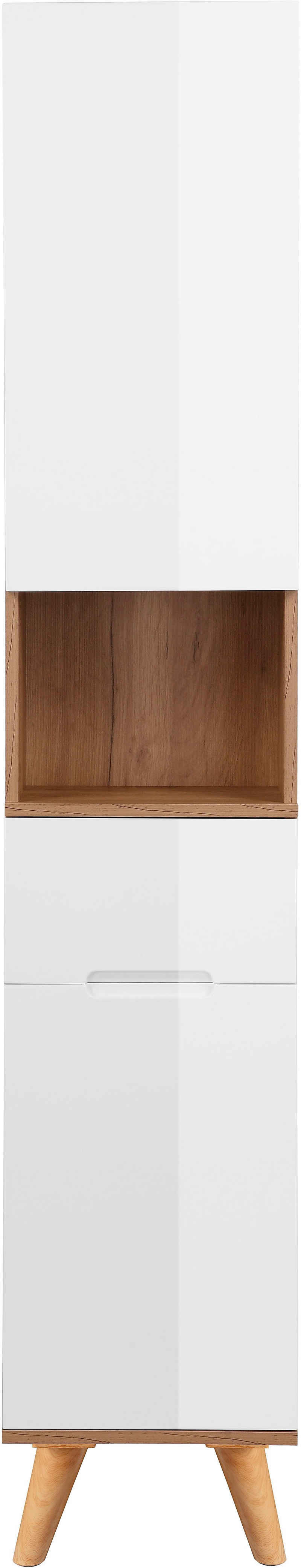 andas Hochschrank Lund Badschrank skandinavisches Design mit viel Stauraum Badmöbel, 2 Türen und 1 Schublade, Breite 35cm