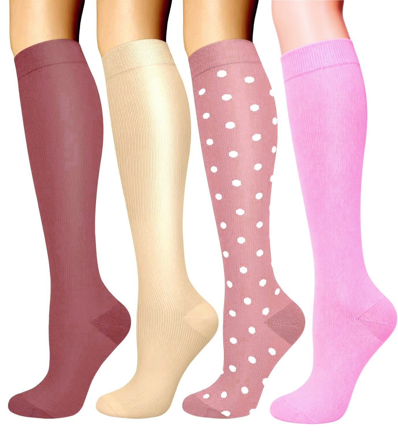 FOUORTUNATE-BEE Kompressionsstrümpfe 4 Paar Kompressionsstrümpfe Pink Damen Herren Sport Reise Kompressionssocken 4 Paar bunt Kniestrümpfe Lauf Reise Stütze