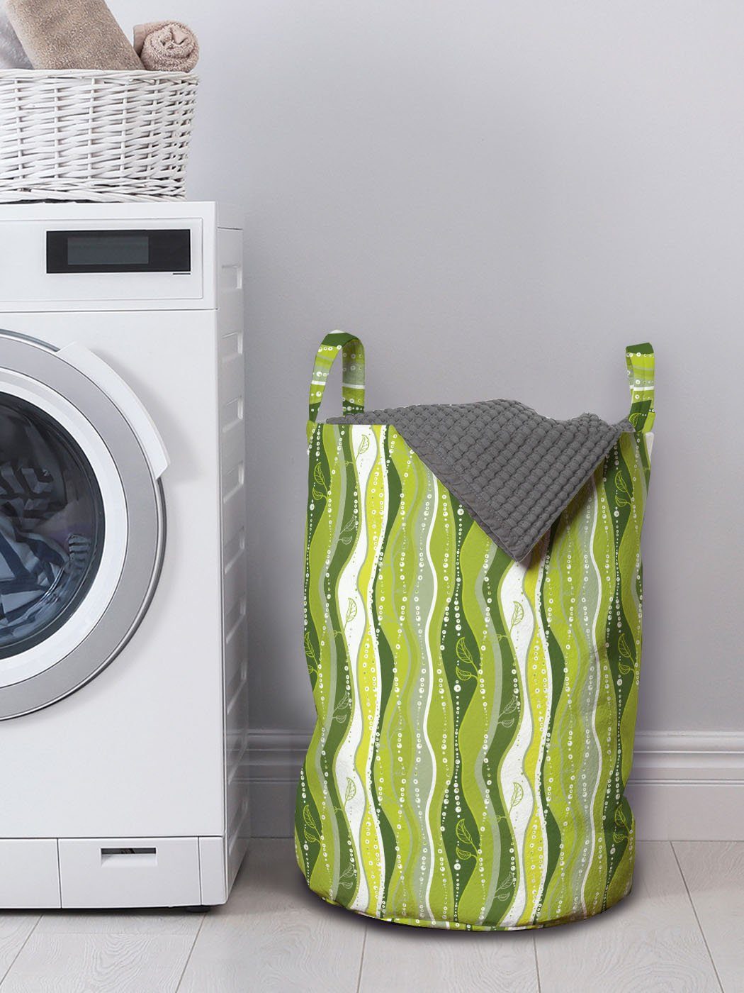 Wäschesäckchen Retro für Waschsalons, Abakuhaus mit Griffen Digital-Blatt-Linien Wäschekorb Kordelzugverschluss