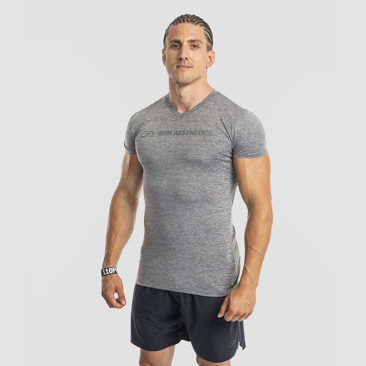 GYM AESTHETICS Funktionsshirt V-Neck Tight-Fit T-Shirt Intensity für Herren V-Ausschnitt, UV-Schutz, Stretch, Atmungaktiv Melange Holzkohle
