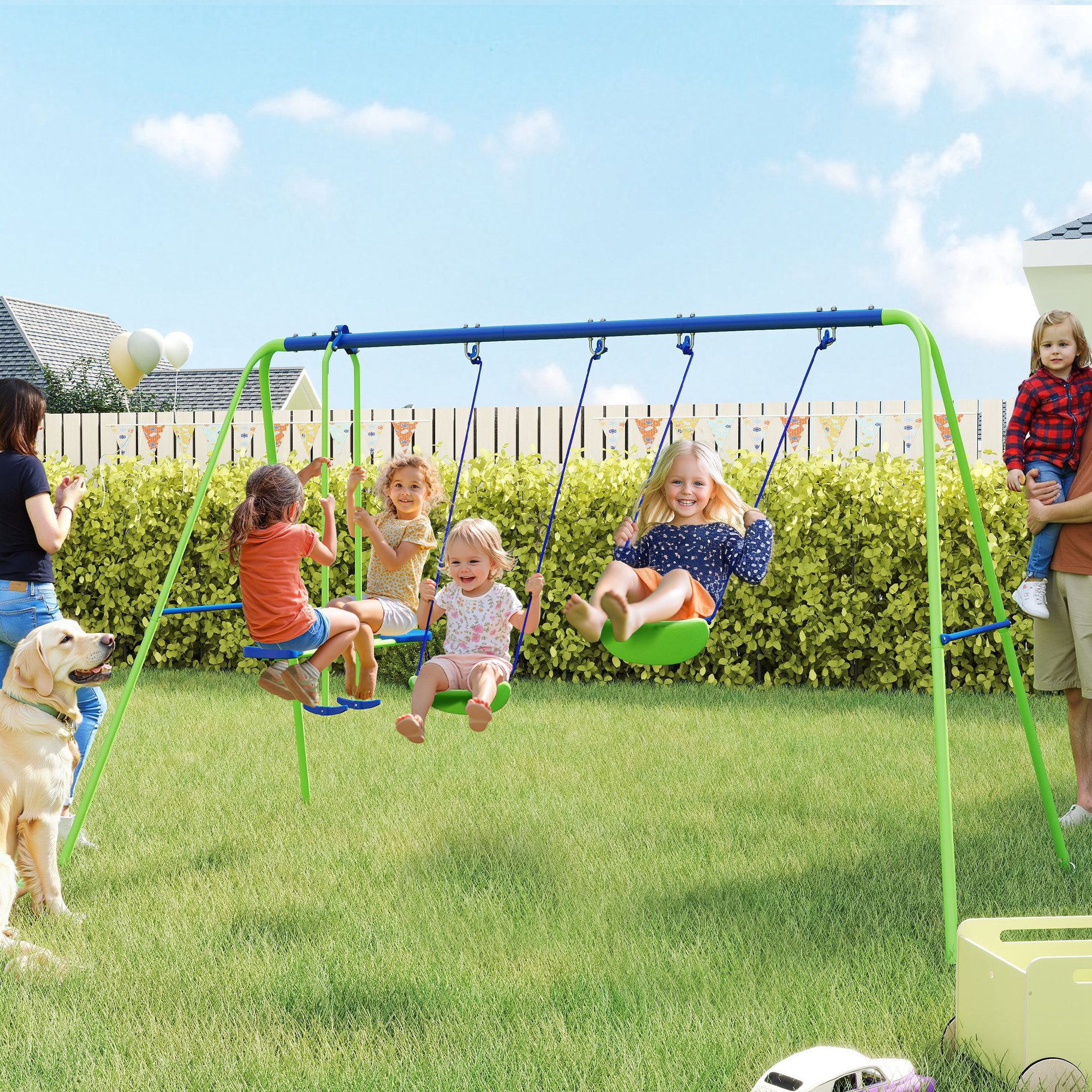 Outsunny Schaukelgestell Kinderschaukel mit Wippe, Outdoor, ab 3 Jahre, 280x140x178 cm, (Kinderschaukel, 4-tlg., Schaukelgerüst), mit Metallgestell, verstellbarem Seil Gartenschaukel für Kinder, Grün