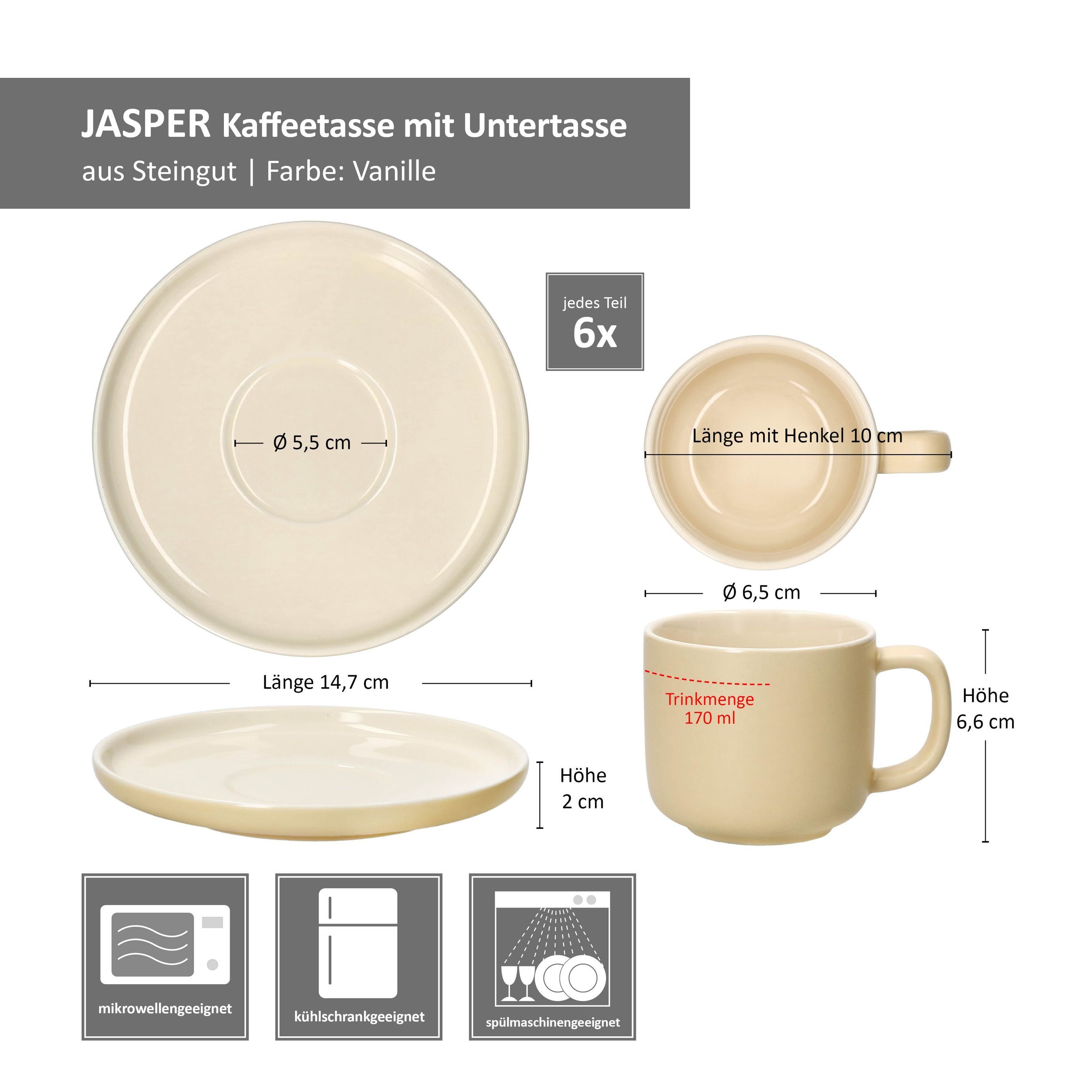 mit Breker Jasper 6er Steingut Ritzenhoff Tasse Set Kaffeetassen Vanille, Ritzenhoff & Untertassen