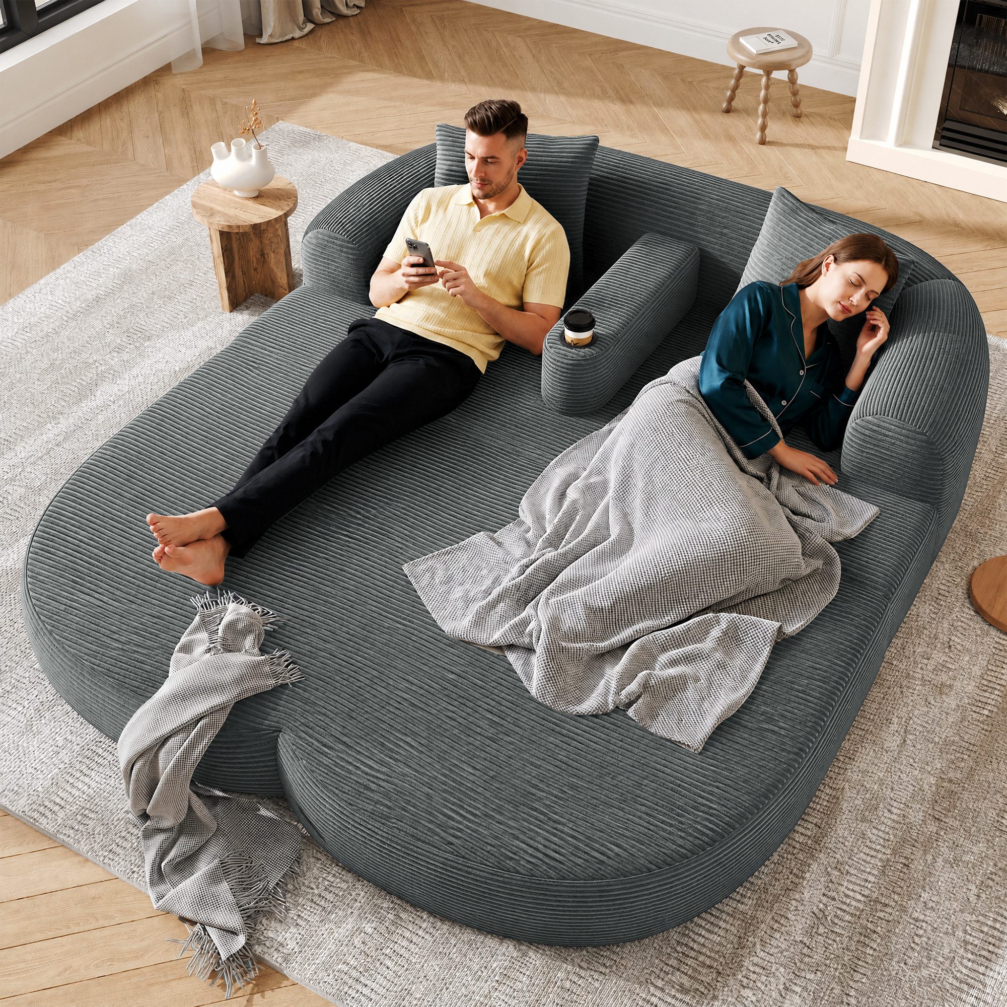 Merax Schlafsofa mit Schlafunktion, Klappbares Loungesofa, Cordstoff, 184 x 176 x 47 cm 1 Teile, Boneless Couch, Abnehmbare Mittelarmlehne mit Becherhalter & 2 Kissen