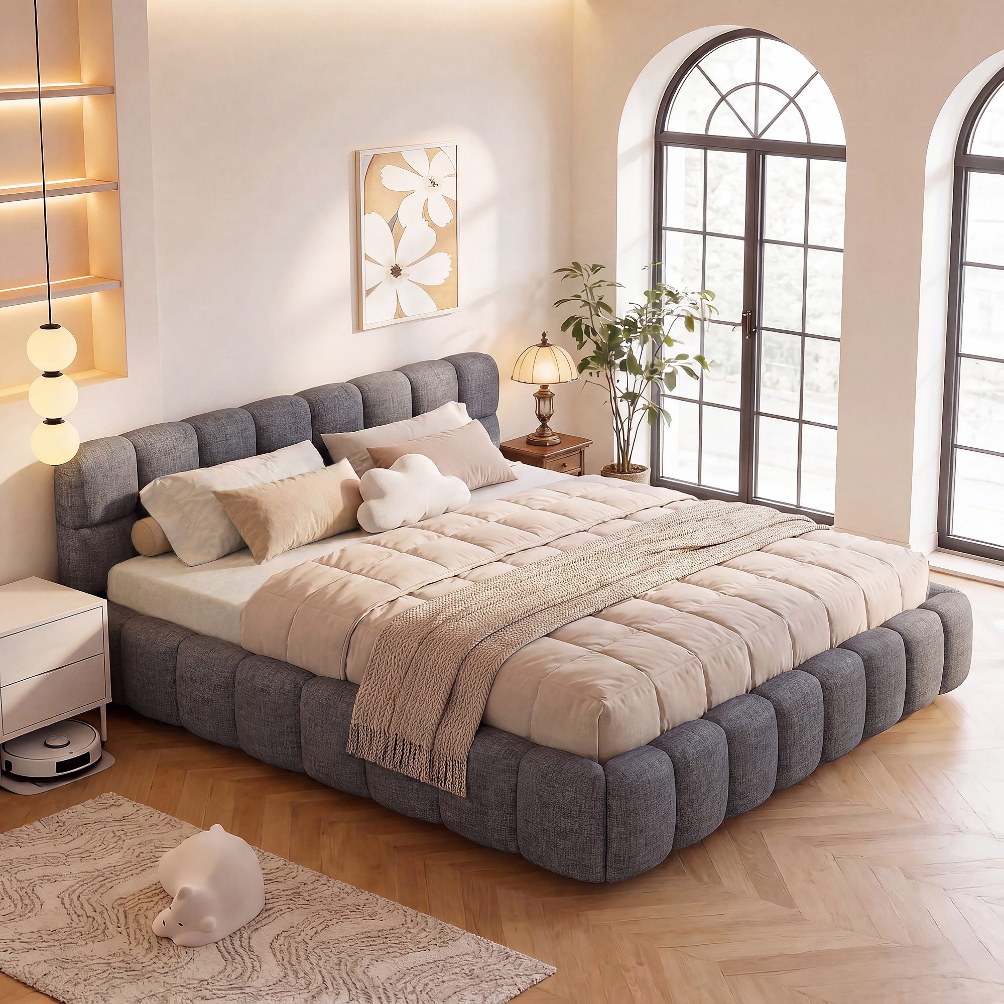 Simurq Polsterbett Bubble Bett 140x200,Gepolstertes Doppelbett Flachbett Mit Lattenrost (Ohne Matratze), Gepolstertes Kopfteil, Bubble Design,Leinen Stoff