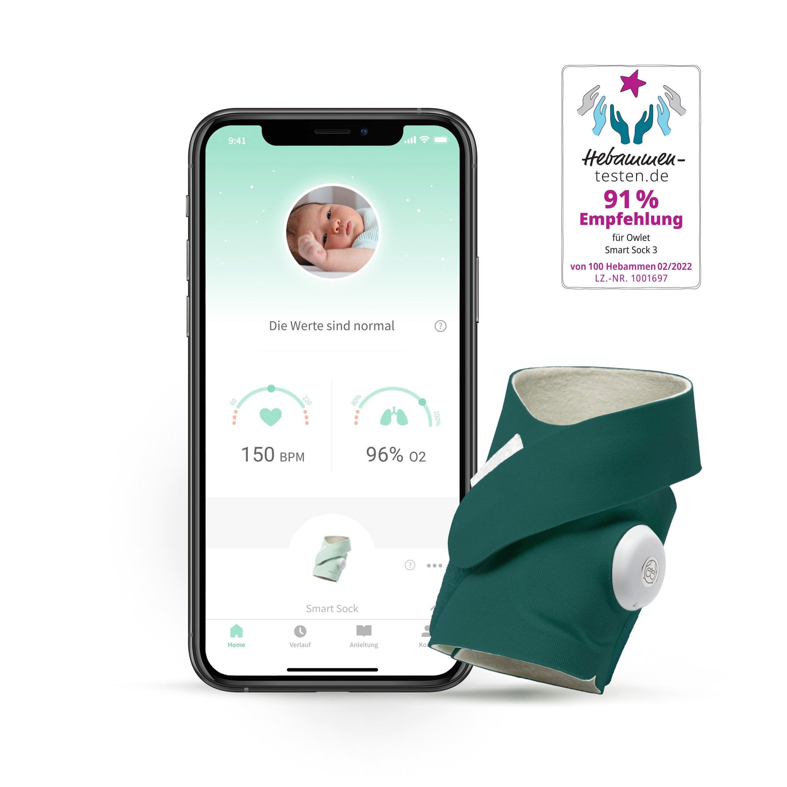 Smart Puls- Sock DE Tiefseegrün und Sauerstoffmessung Owlet 3 - Baby Care Babyphone, Smart Sock,